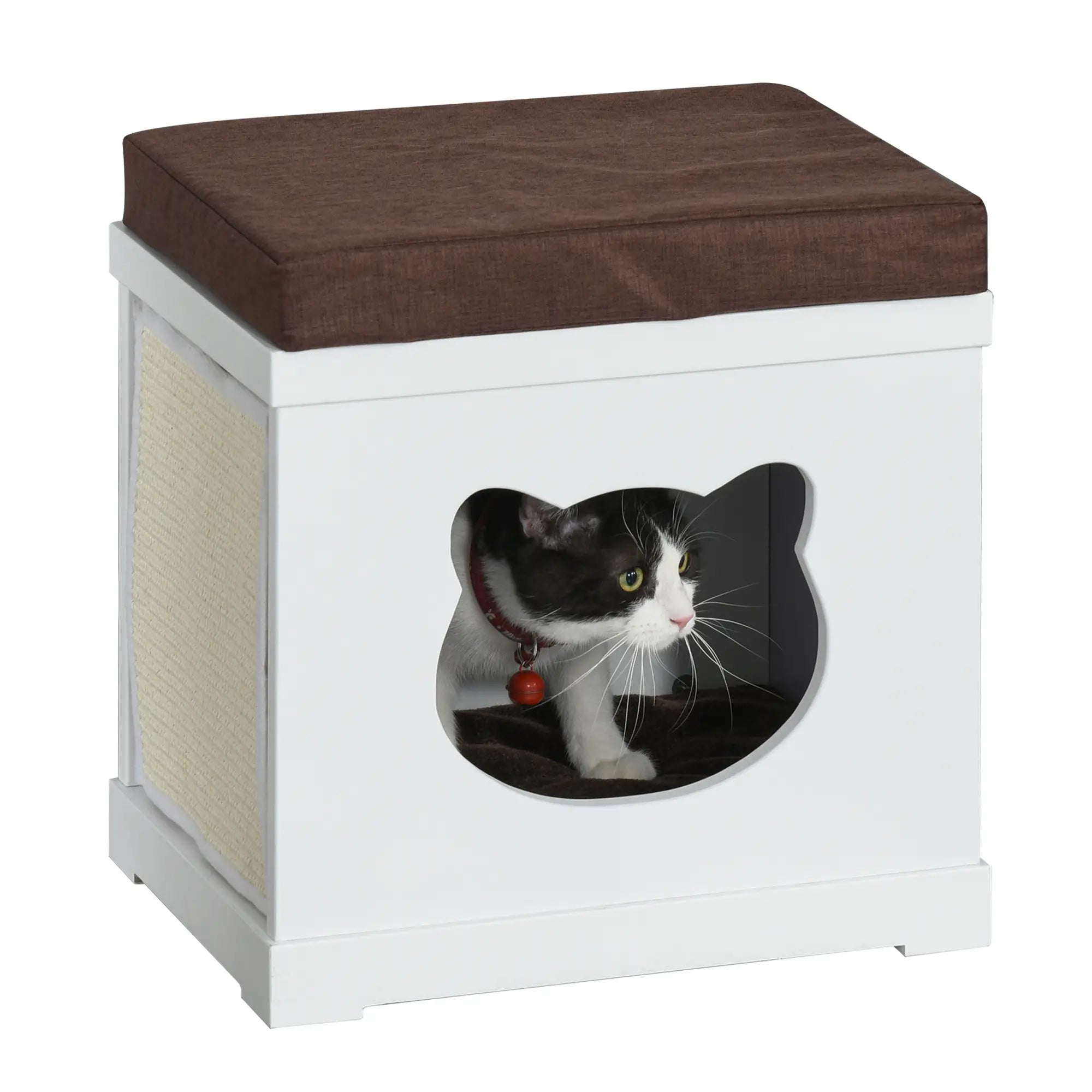 Wooden Cat House with 2 Pillows and Removable Scratching Post, White and Brown, 41x30x36cm - Borge' Group Limited