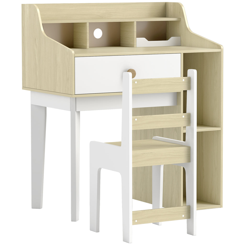 Kids Desk and Chair Set Wooden with Shelf and Drawer, Ages 3-10 Years, White and Wood