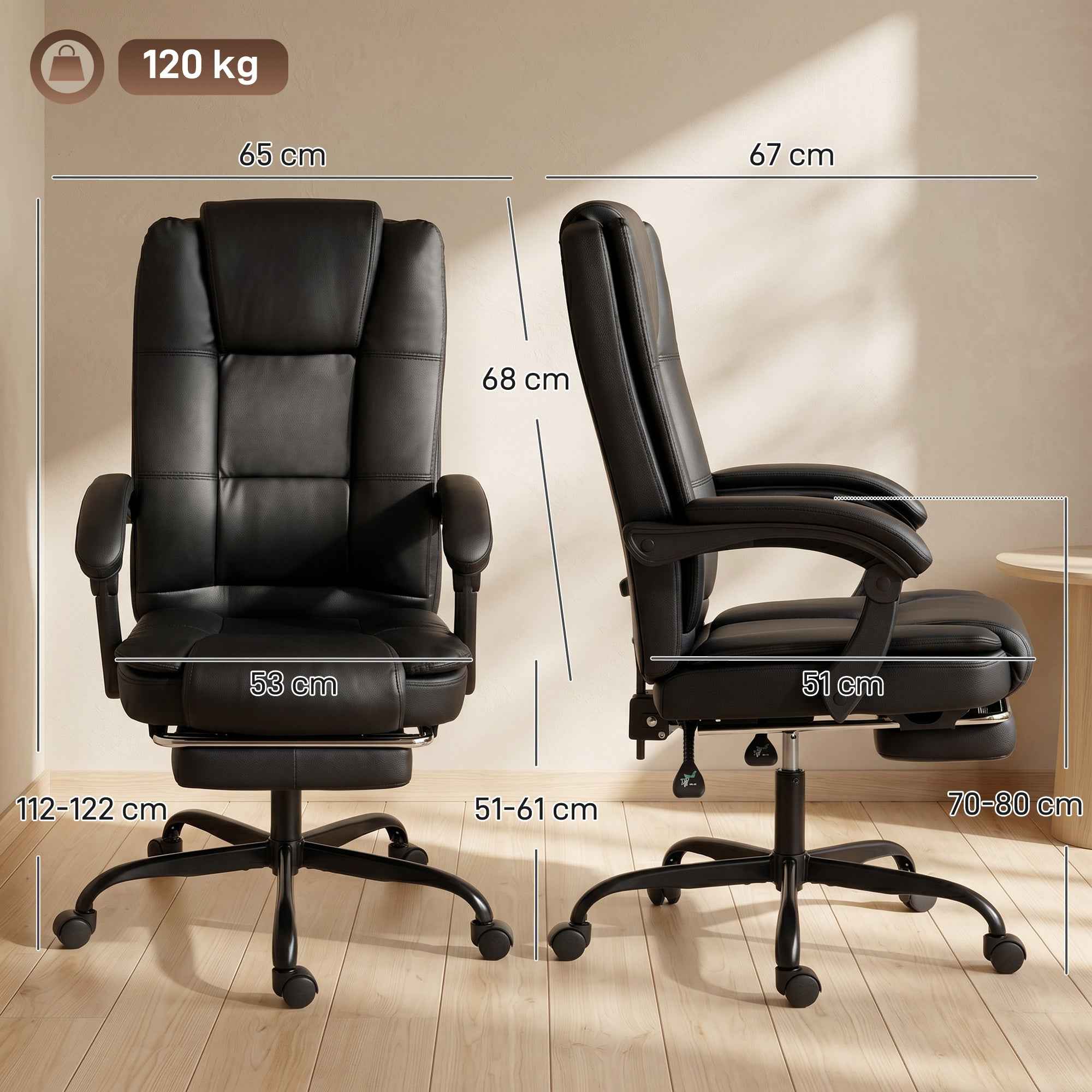 HOMCOM Ergonomic Office Chair with 150° Reclining Footrest, Cotton and Metal, 65x67x112-122 cm, Black