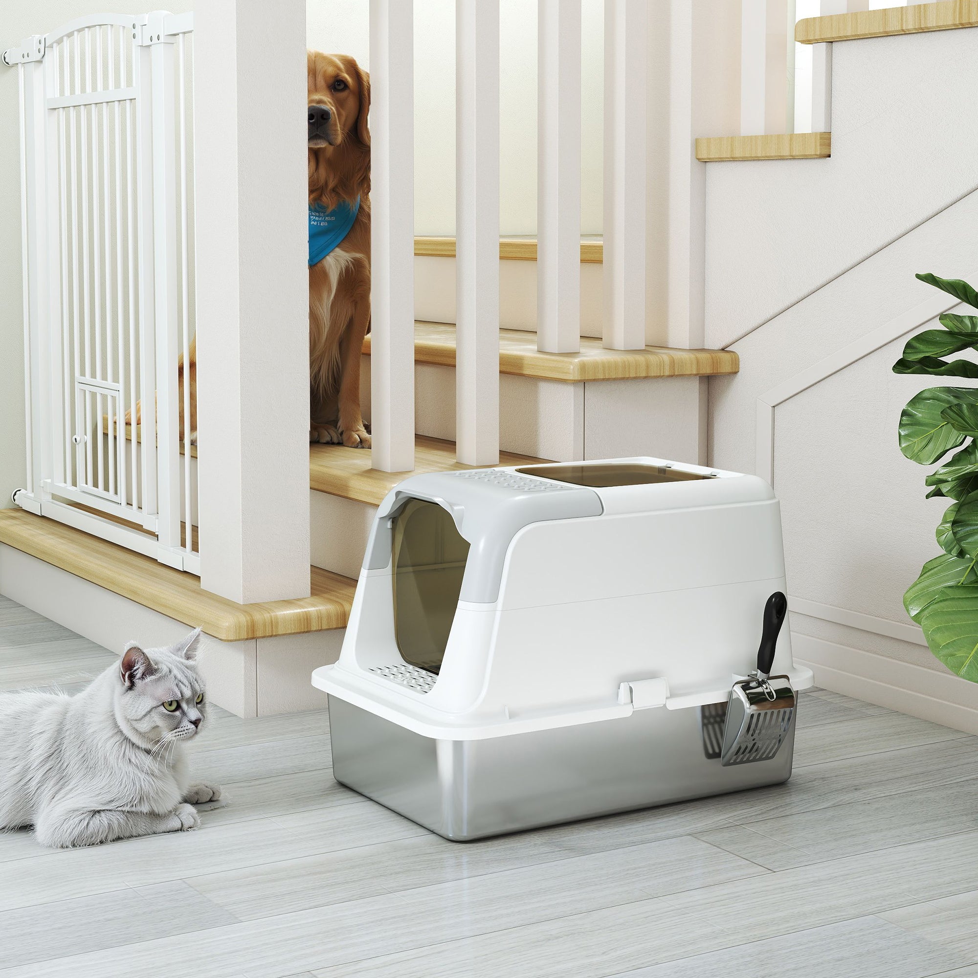 2-Bay Enclosed Cat Litter Box with Deodorizer and Scoop, 60.4 x 40.4 x 41.8 cm, White and Grey