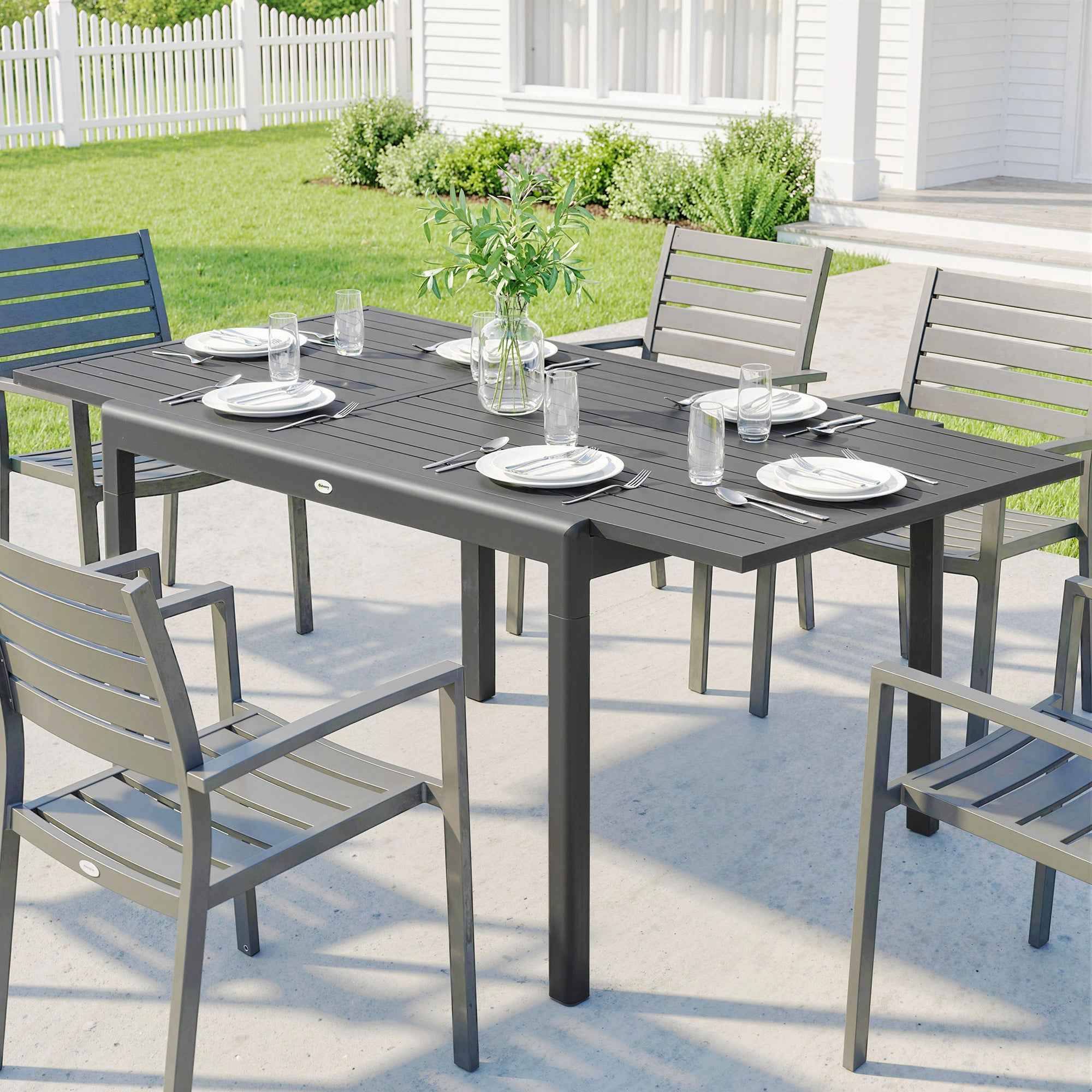 Outsunny Extendable Garden Table for 6-8 People with Slatted Top, Aluminum, 110-170x90x75 cm, Dark Gray