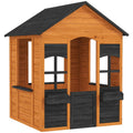 Kids Wooden Playhouse with Flower Pots, for Indoor/Outdoor Play, Ages 3–8, Brown