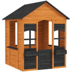 Kids Wooden Playhouse with Flower Pots, for Indoor/Outdoor Play, Ages 3–8, Brown
