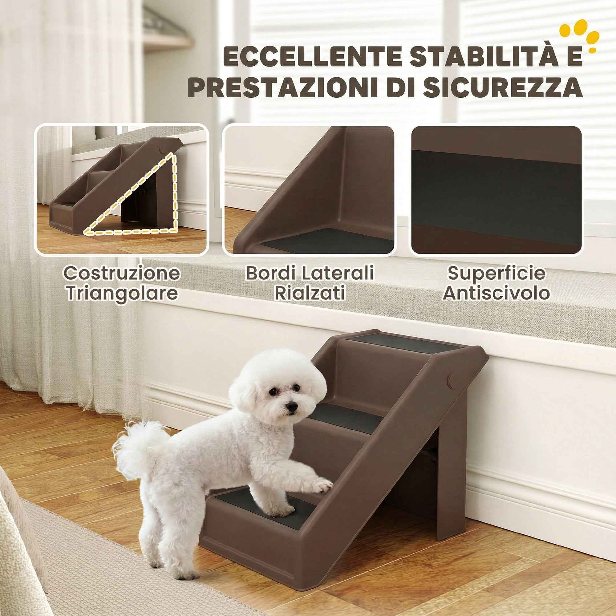 PawHut 3-Step Non-Slip Dog and Cat Ladder for High Beds and Sofas, 53x30.5x36.5 cm, Brown