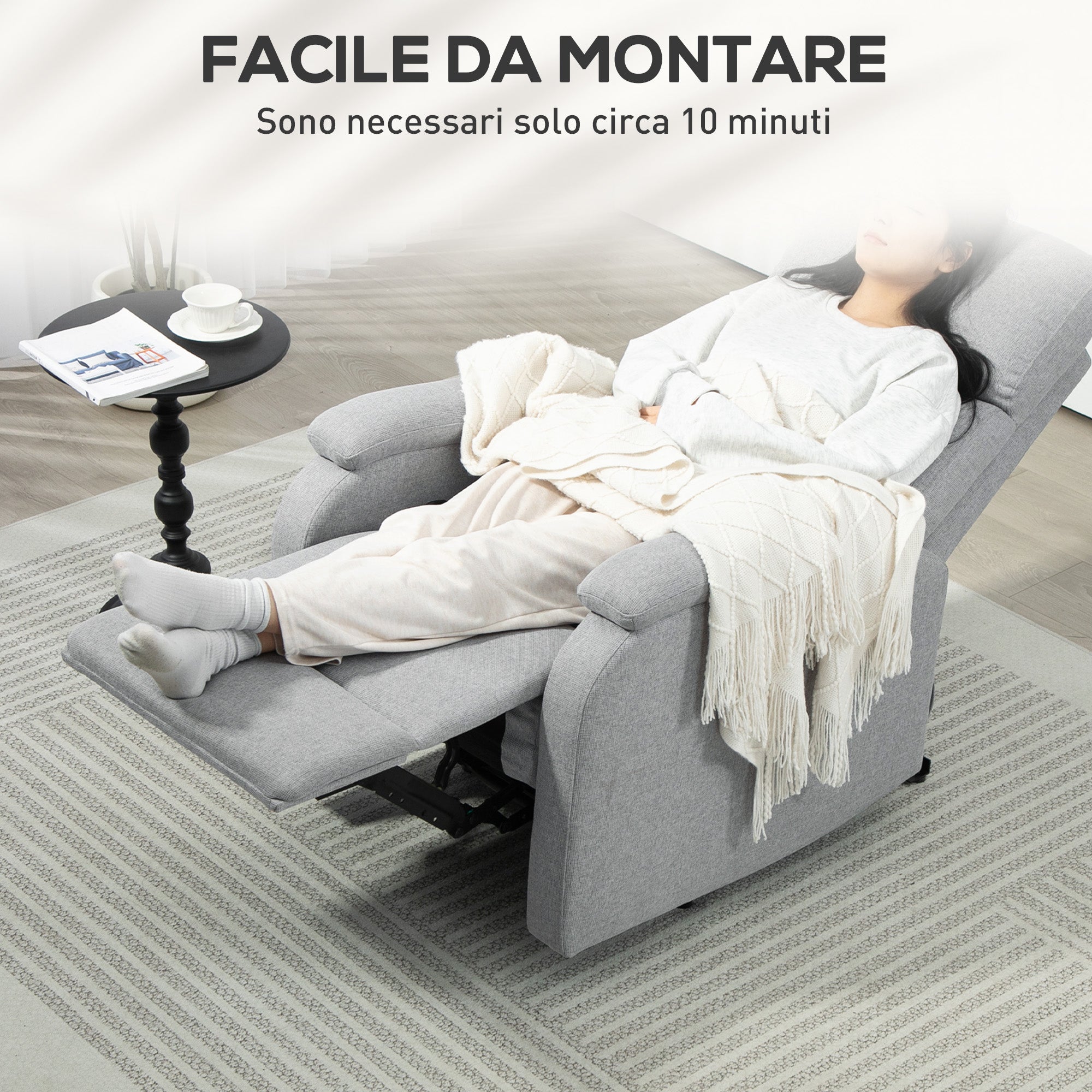 Manually Reclining Armchair at 60° Extra Padded in Fabric with Footrest, Gray