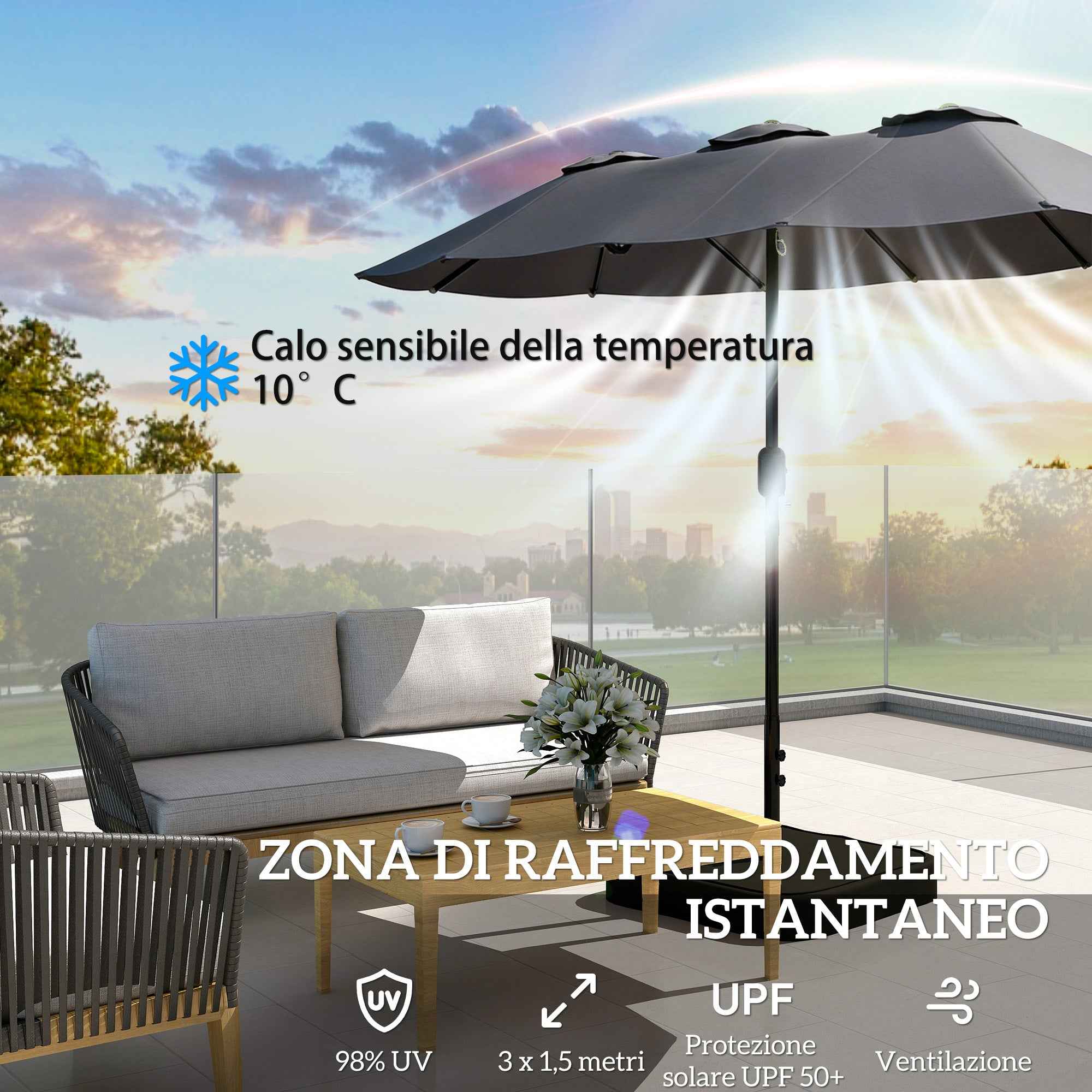 Outsunny 12-Ribbed Double Umbrella with Crank Handle, Cross Base and Bags, in Metal and Polyester, 3x1.5 m, Dark Grey