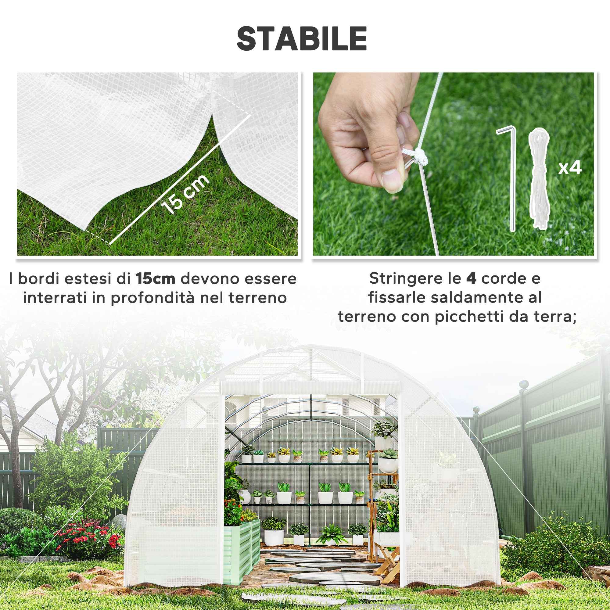 Outsunny 8x3x2 m Tunnel Greenhouse with Plastic Lining and Reinforced Steel, White