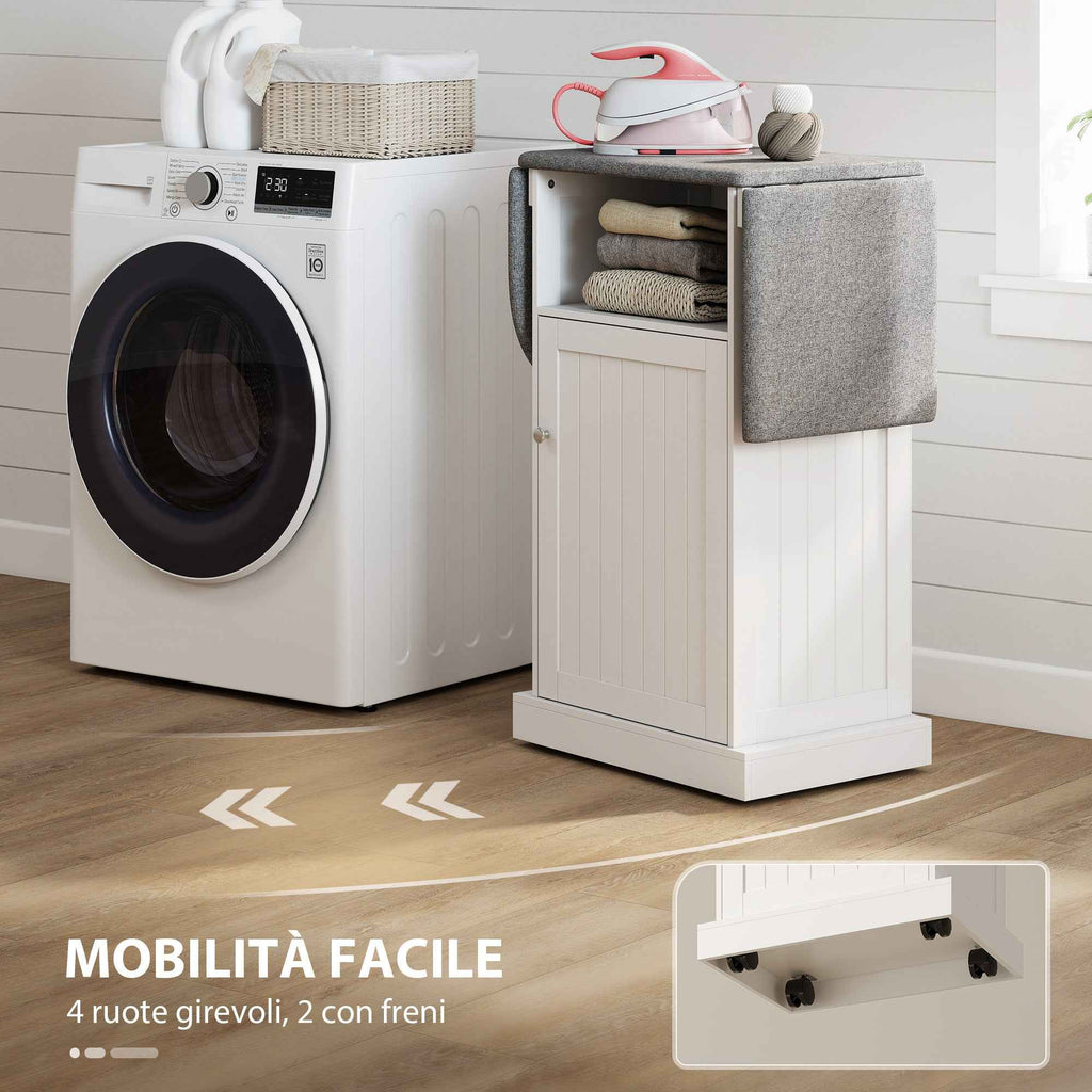 Folding Ironing Board with Wheels, Open Shelf and Cabinet, 121 x 37 x 89 cm, White and Grey