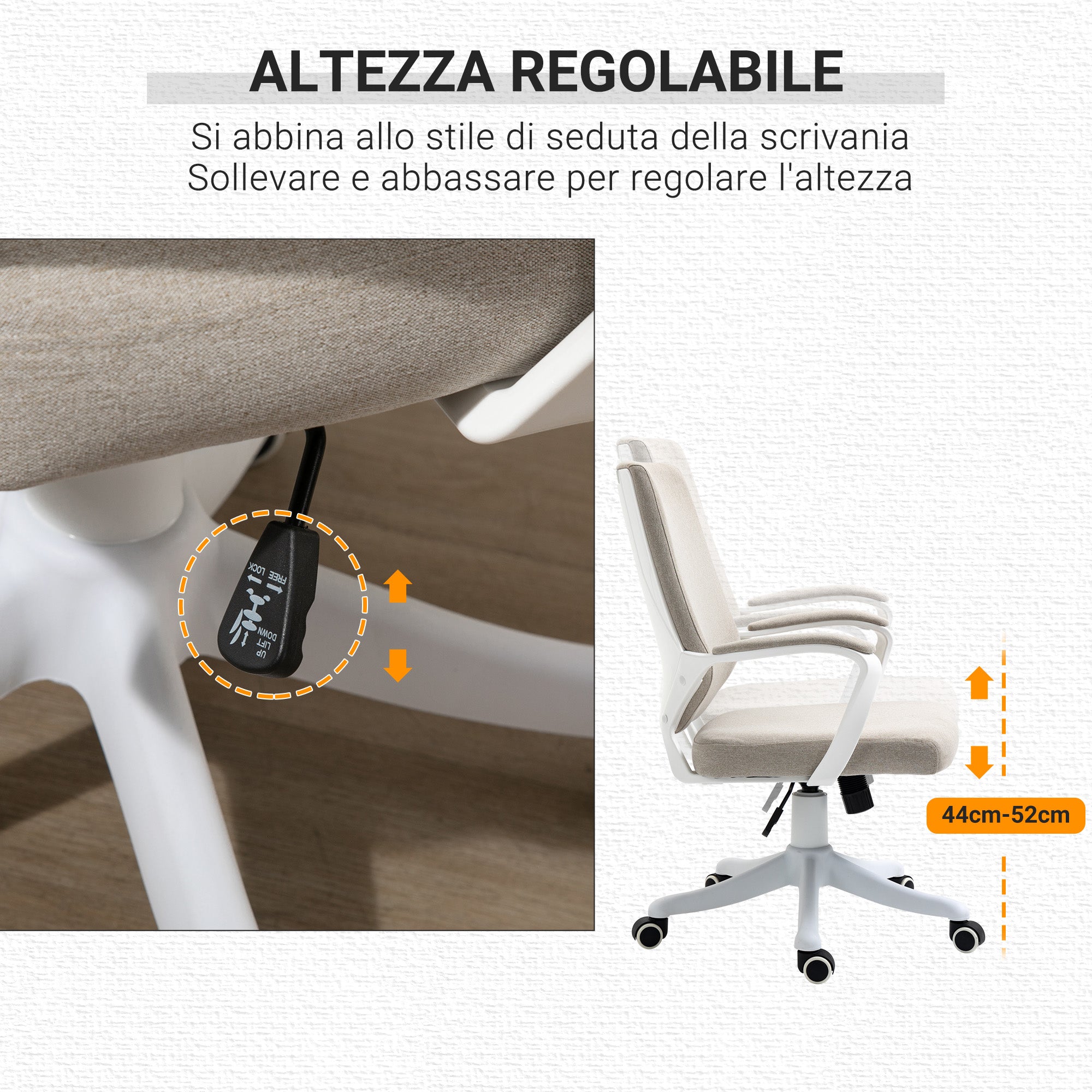 Ergonomic Office Chair with Adjustable Height and Rocking Function, 62x69x92-100cm, Beige