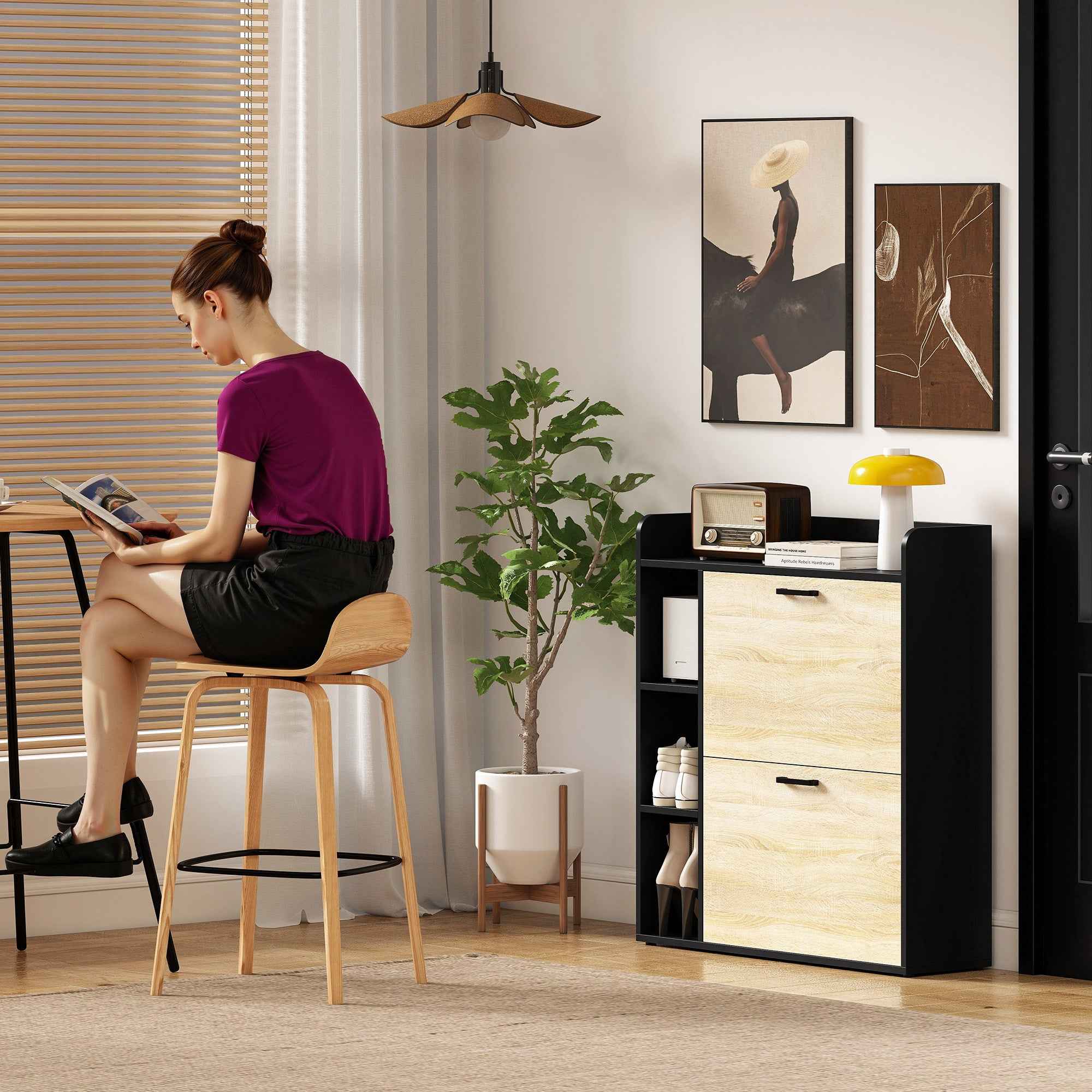 HOMCOM Slim Shoe Rack with 2 Tilting Drawers and 3 Open Compartments, Capacity 15 Shoes, 83x24x90.5 cm, Black