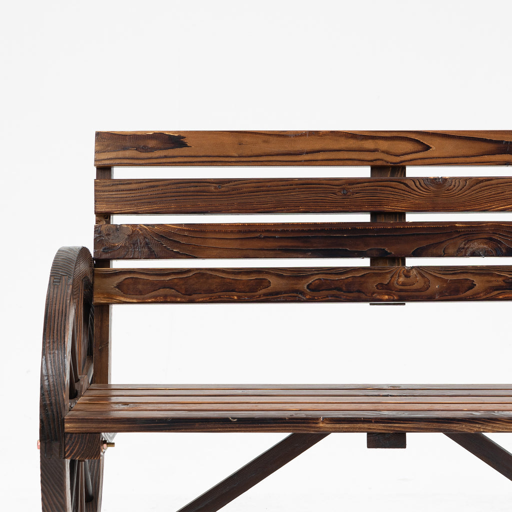 Outsunny 2-Seater Garden Bench with Slatted Frame and Wagon Wheel Armrests, Wooden, 105.5x56x79 cm, Burnt Brown