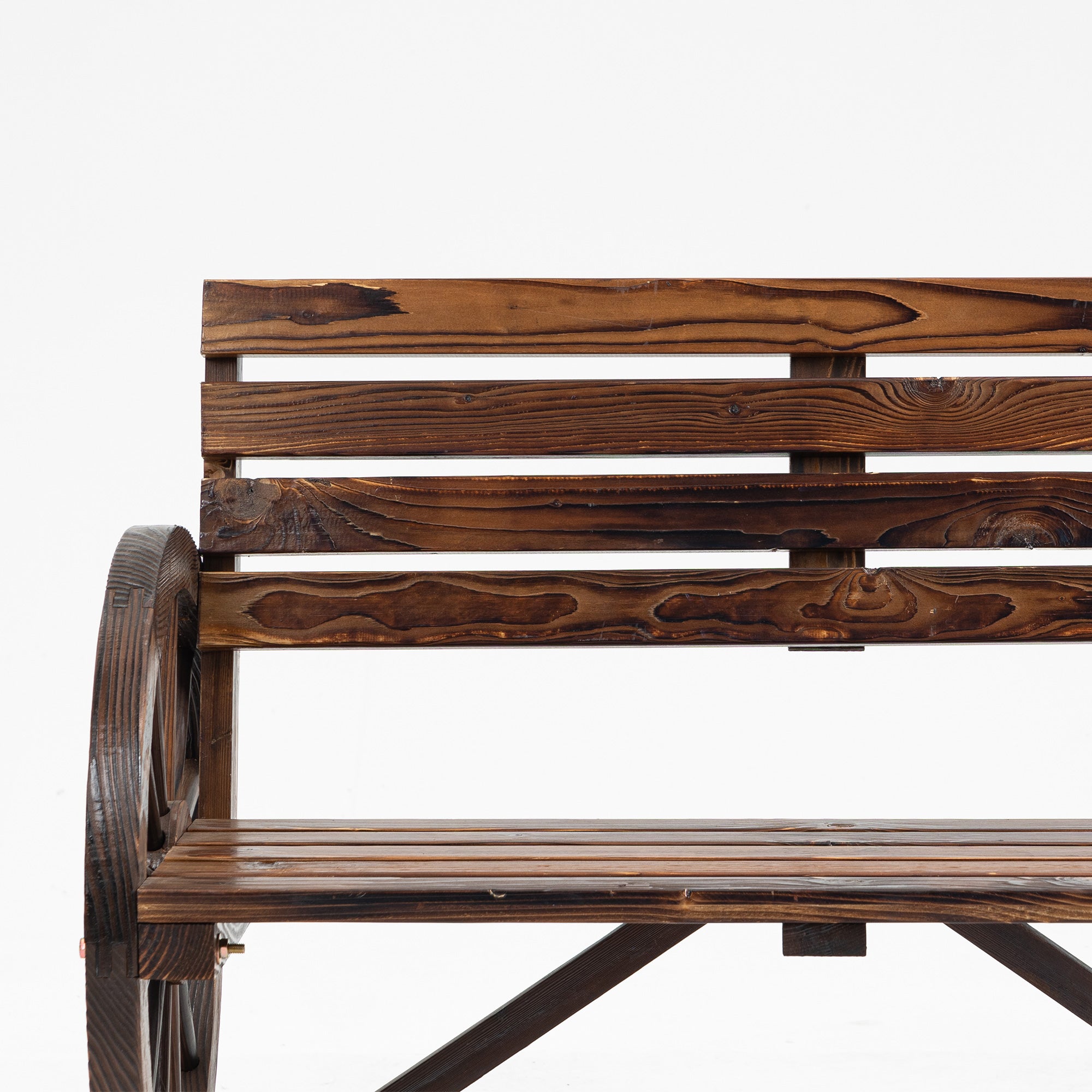 Outsunny 2-Seater Garden Bench with Slatted Frame and Wagon Wheel Armrests, Wooden, 105.5x56x79 cm, Burnt Brown