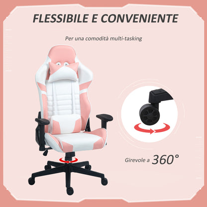 HOMCOM Gaming Chair in Faux Leather Reclining Up to 155° with Headrest and Lumbar Support, Pink - Borgè