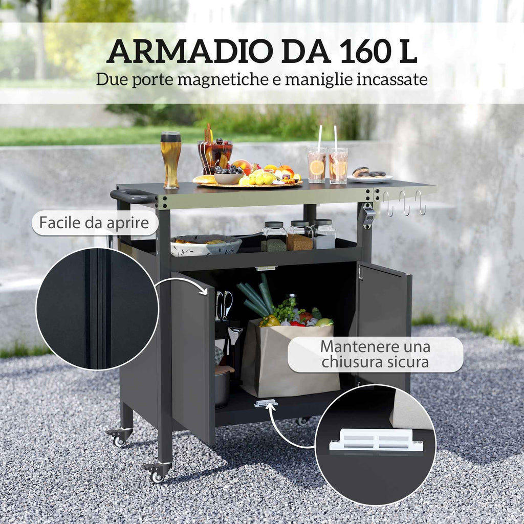 Outsunny Stainless Steel Barbecue Cart with Cabinet, Open Shelf and Side Table, 116x50x93 cm, Black