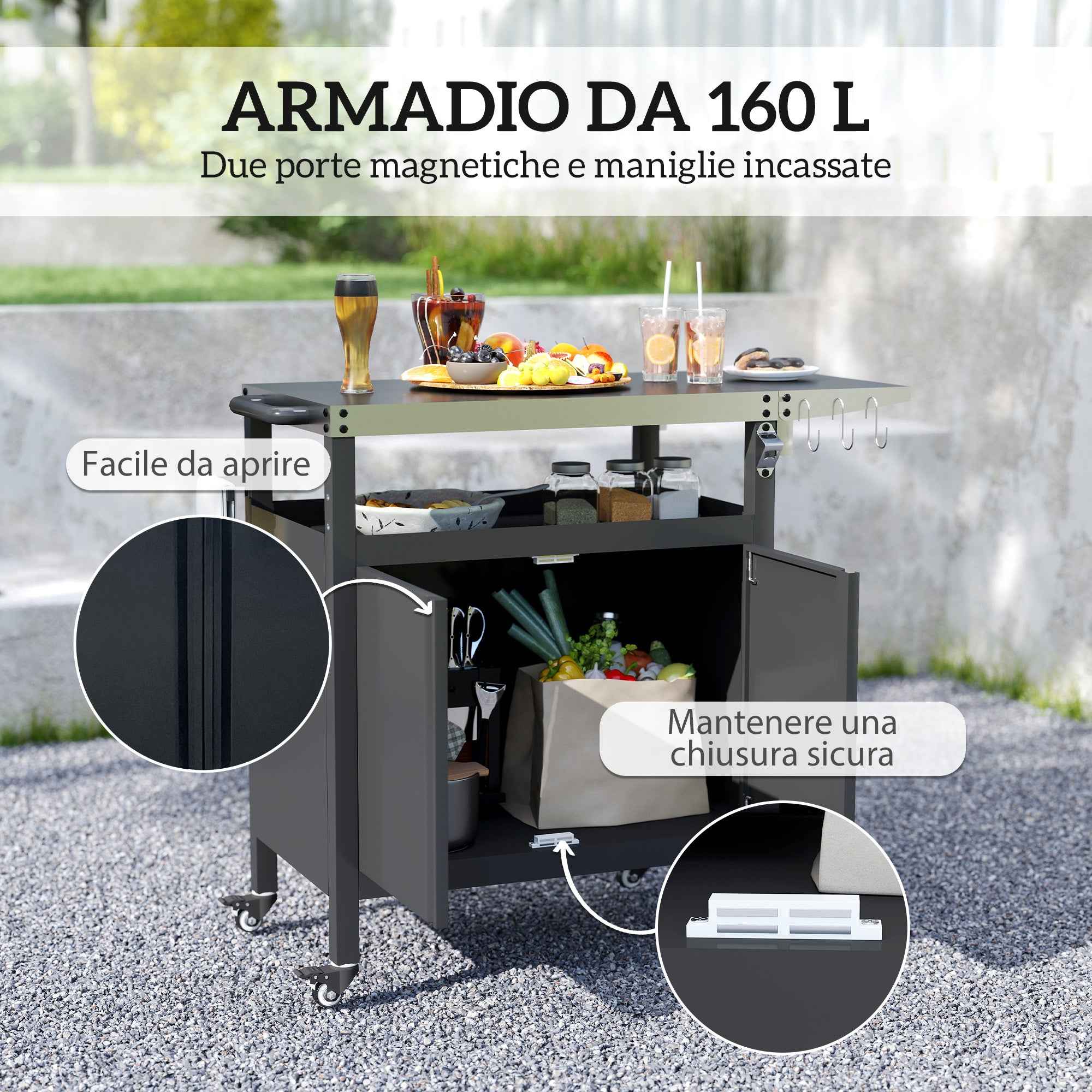 Outsunny Stainless Steel Barbecue Cart with Cabinet, Open Shelf and Side Table, 116x50x93 cm, Black