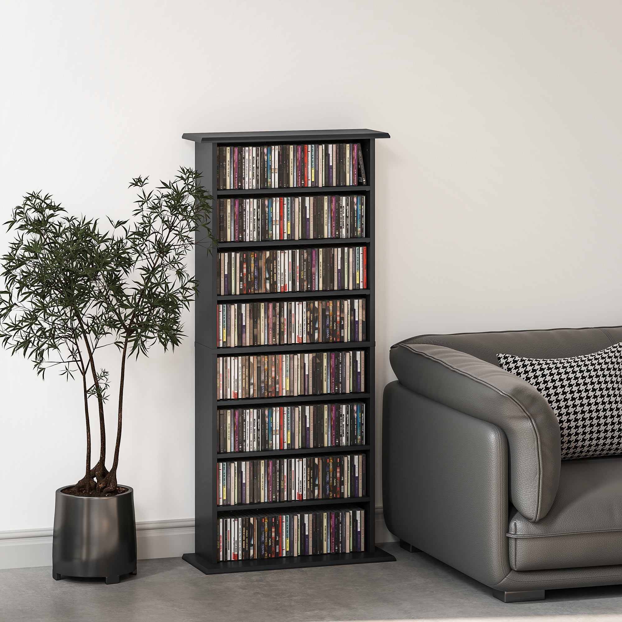 CD Rack with 6 Adjustable Shelves, 360 CDs/185 DVDs Capacity, 58x24x124.5 cm, Black