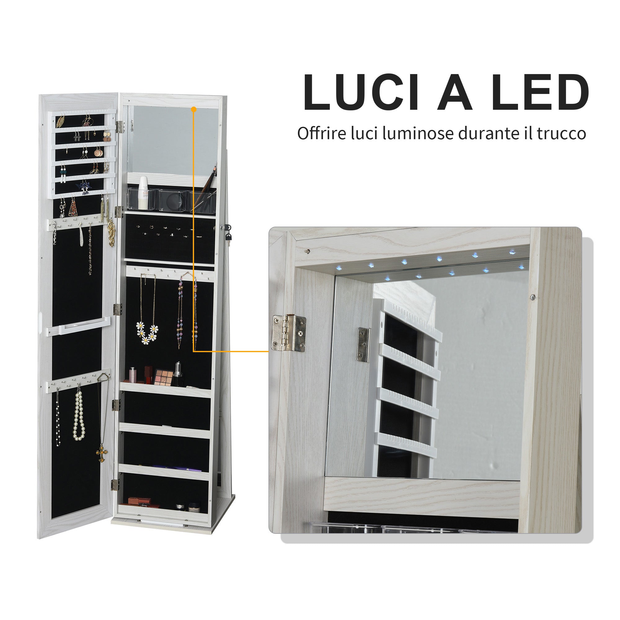 LED Jewellery Mirror with 4 Shelves and Storage Spaces, in Wood and Glass, 15x15x61.75 cm, White