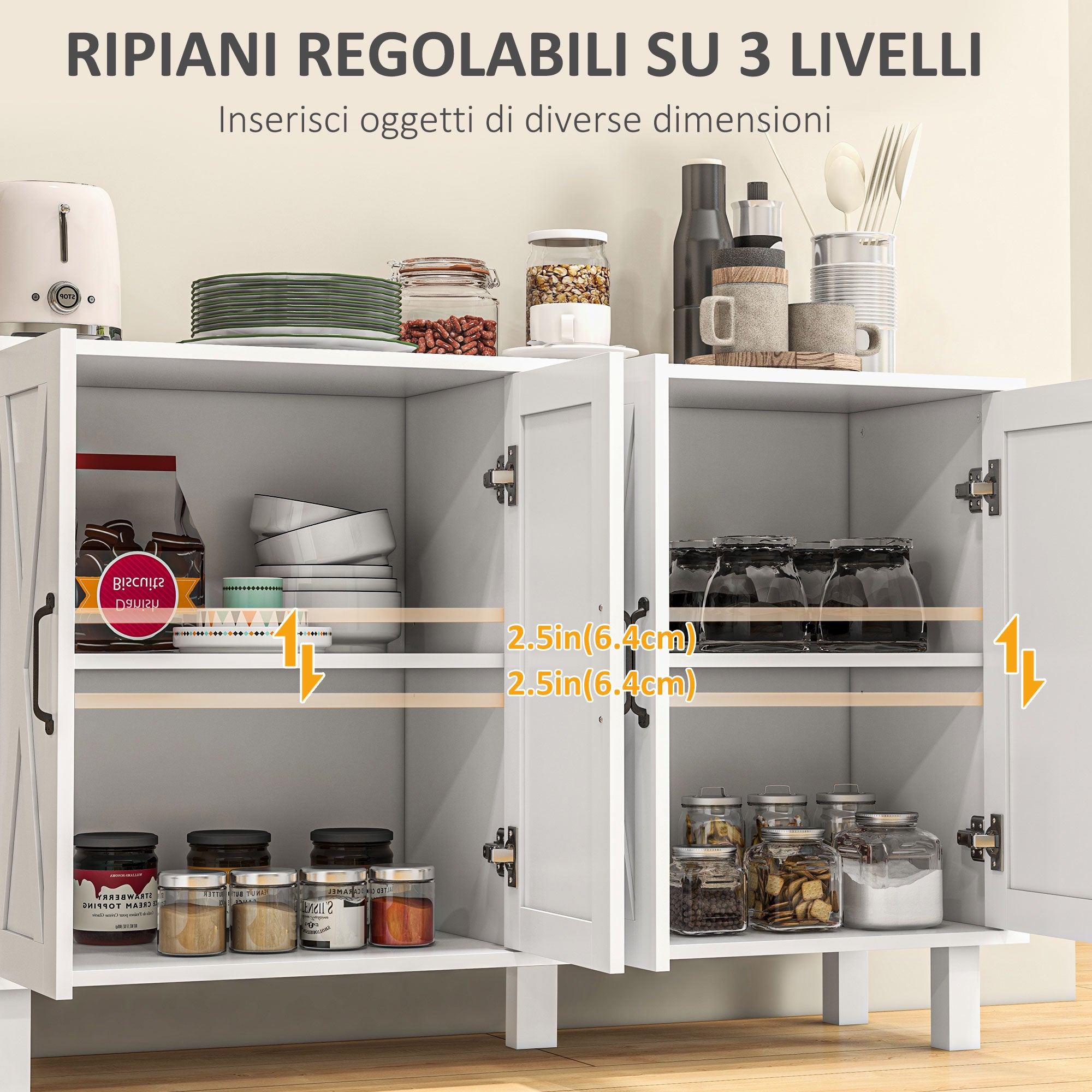 Homcom Multipurpose mobile in 4 -level mdf with 2 adjustable shelves and 5 legs, 120x37x75 cm, white - Borgè