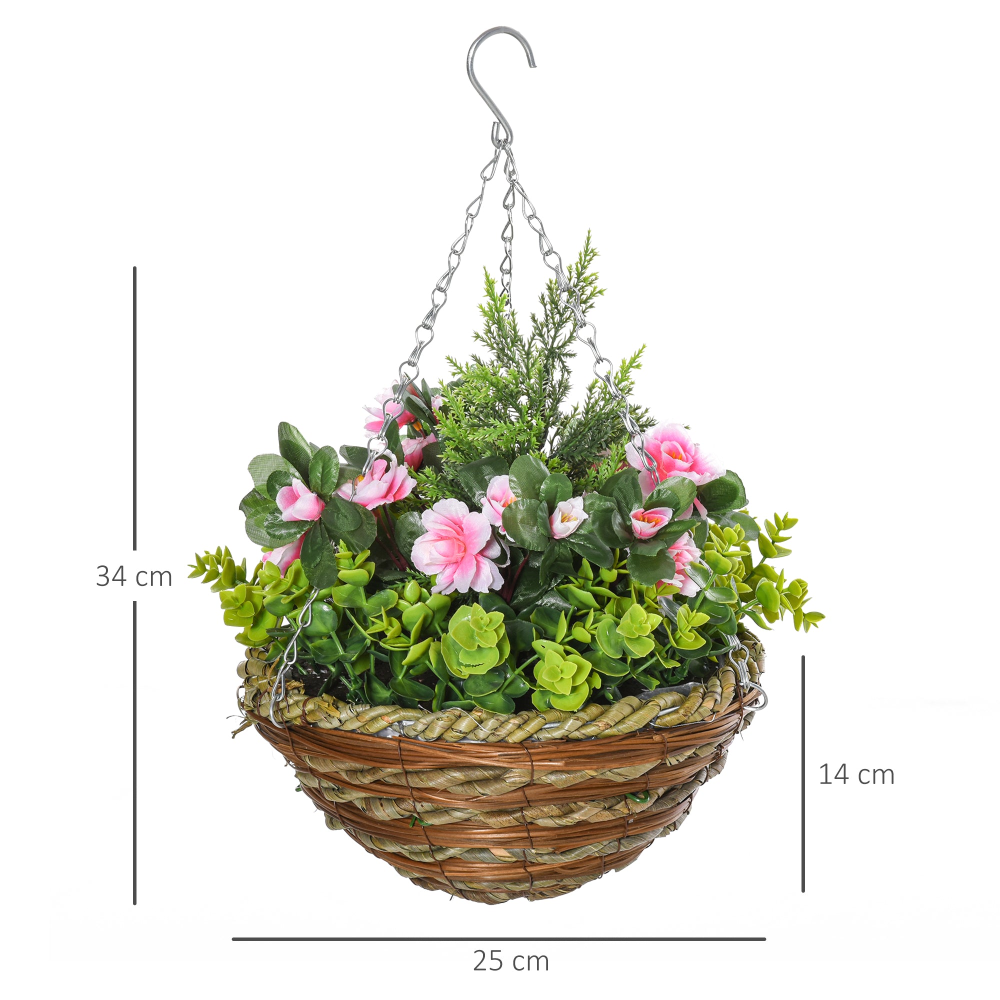 Set of 2 Fake Lisianthus Plants to Hang for Indoor and Outdoor Use with Wicker Pot and Chains, ?25x34cm, Pink and Green - Borgè