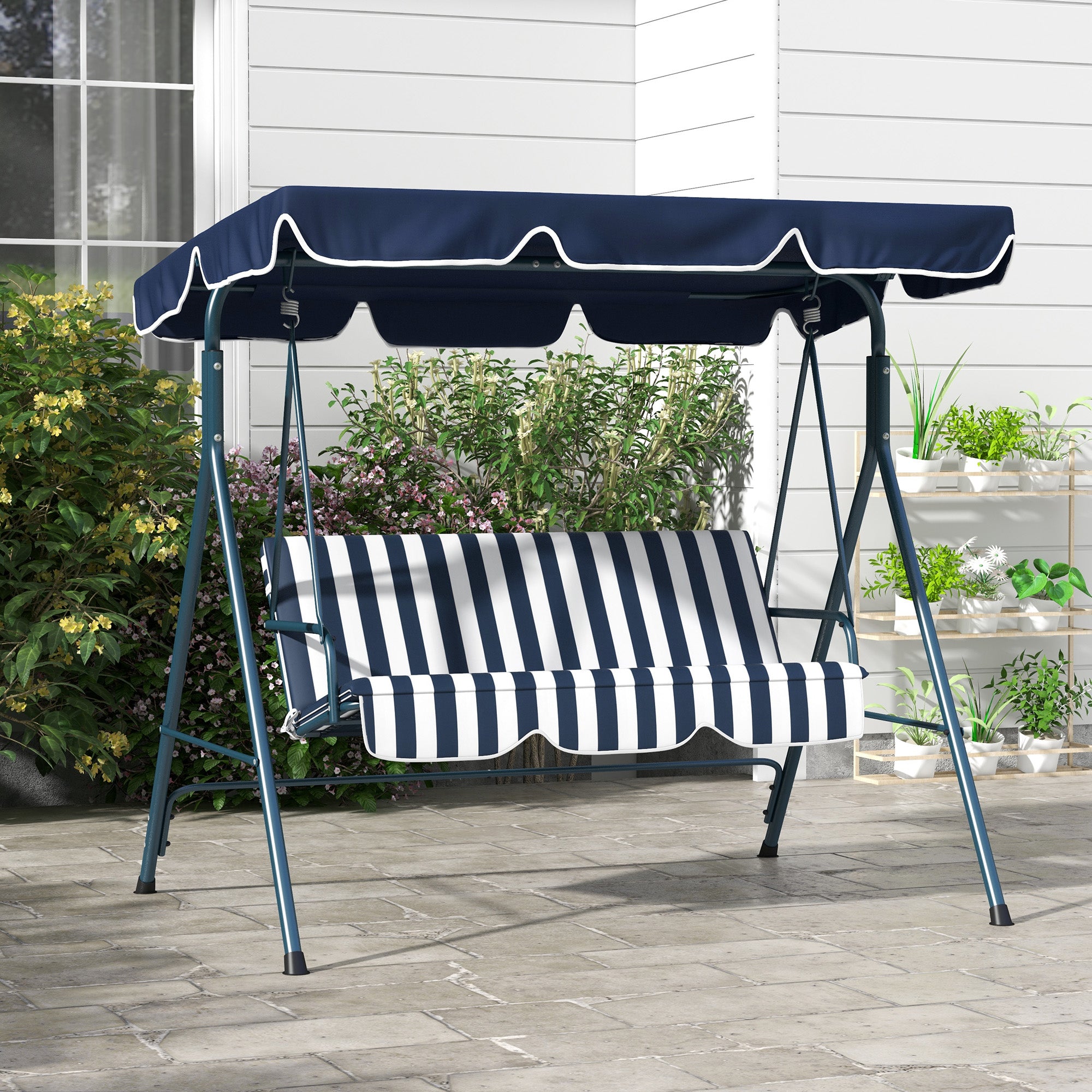 3-Seater Garden Swing with Sunshade Roof, in Steel and Polyester, 172x110x153 cm, White and Blue