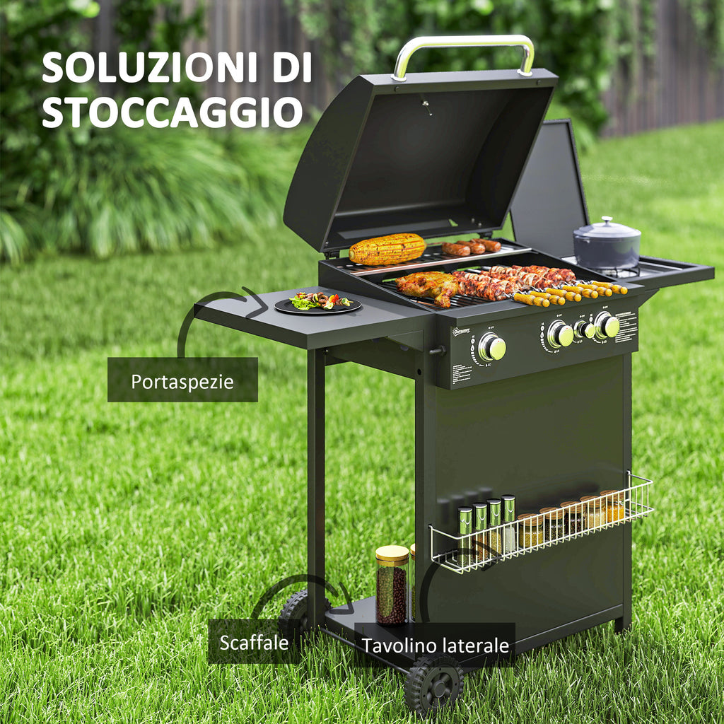 Gas Barbecue with Independent Burners, Lid with Thermometer and Side Table, Black