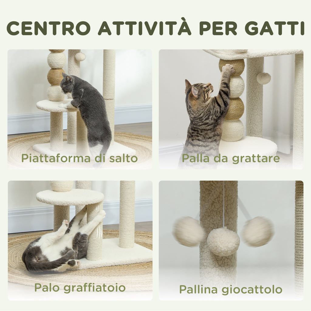 Cat Tower with Bed, Platform and Toy Ball, Made of Wood, Plush and Jute, 48.5x40x76 cm, Beige