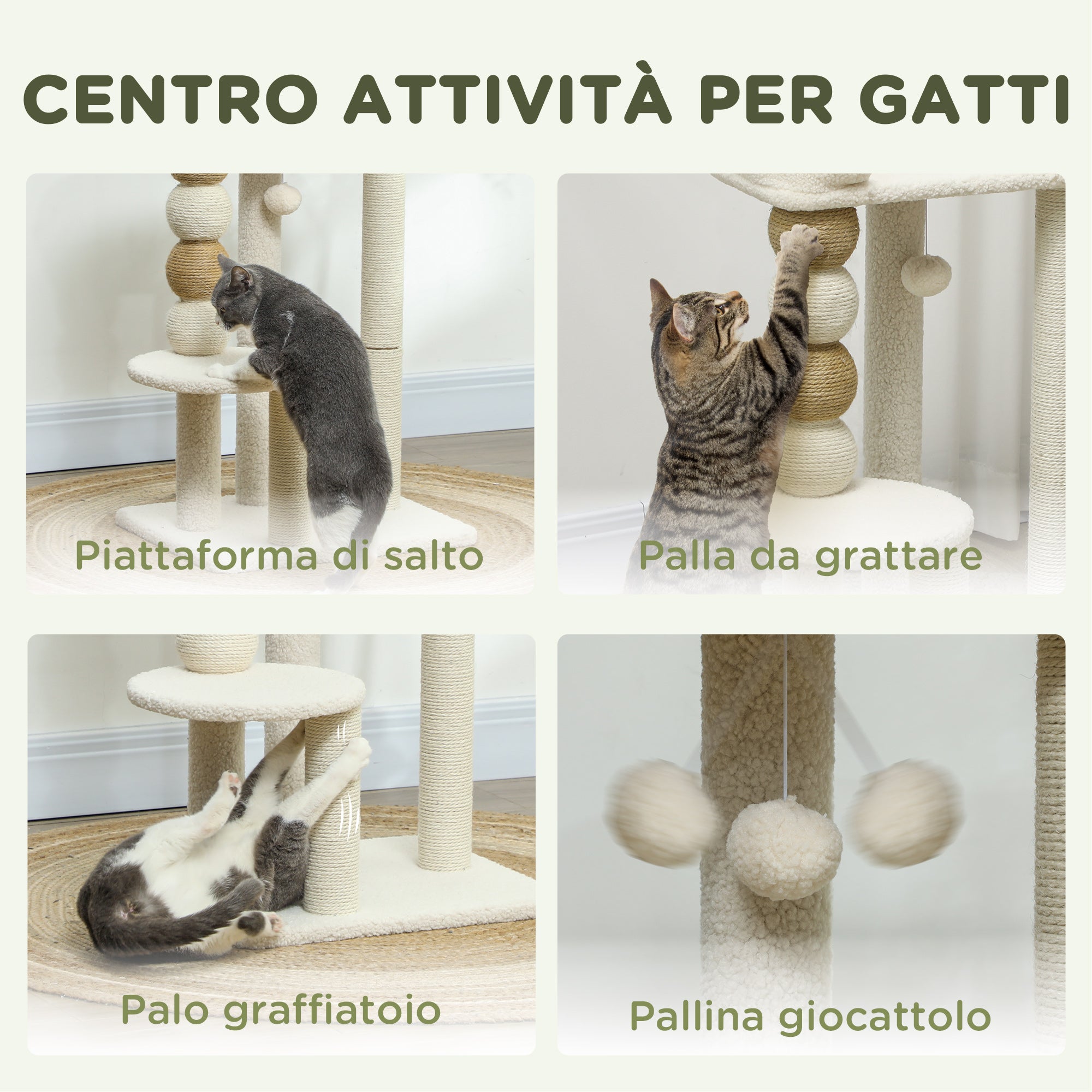 Cat Tower with Bed, Platform and Toy Ball, Made of Wood, Plush and Jute, 48.5x40x76 cm, Beige