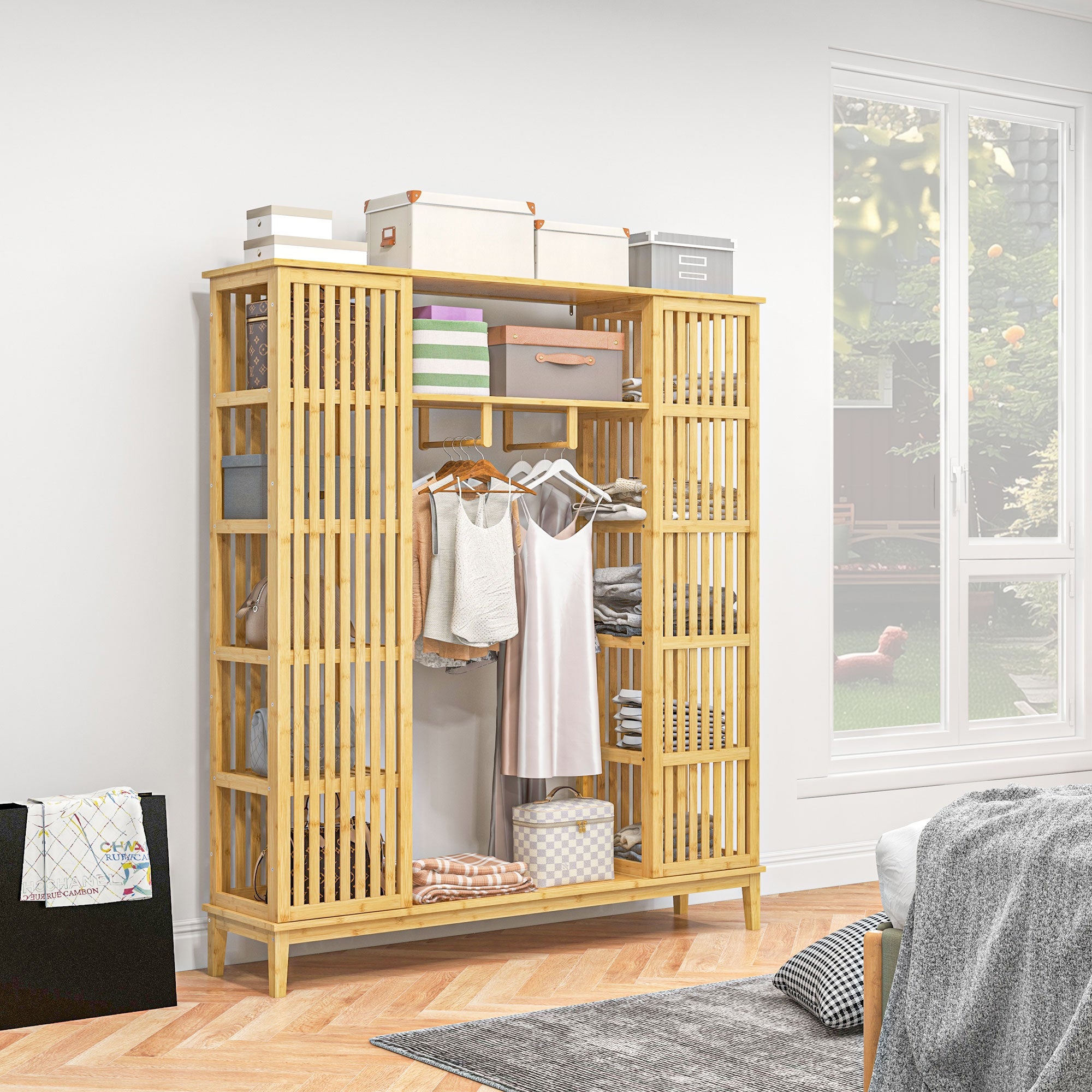 Bamboo Open Wardrobe with 2 Sliding Doors, Open Shelves and Hanging Rail, 145x35x165cm