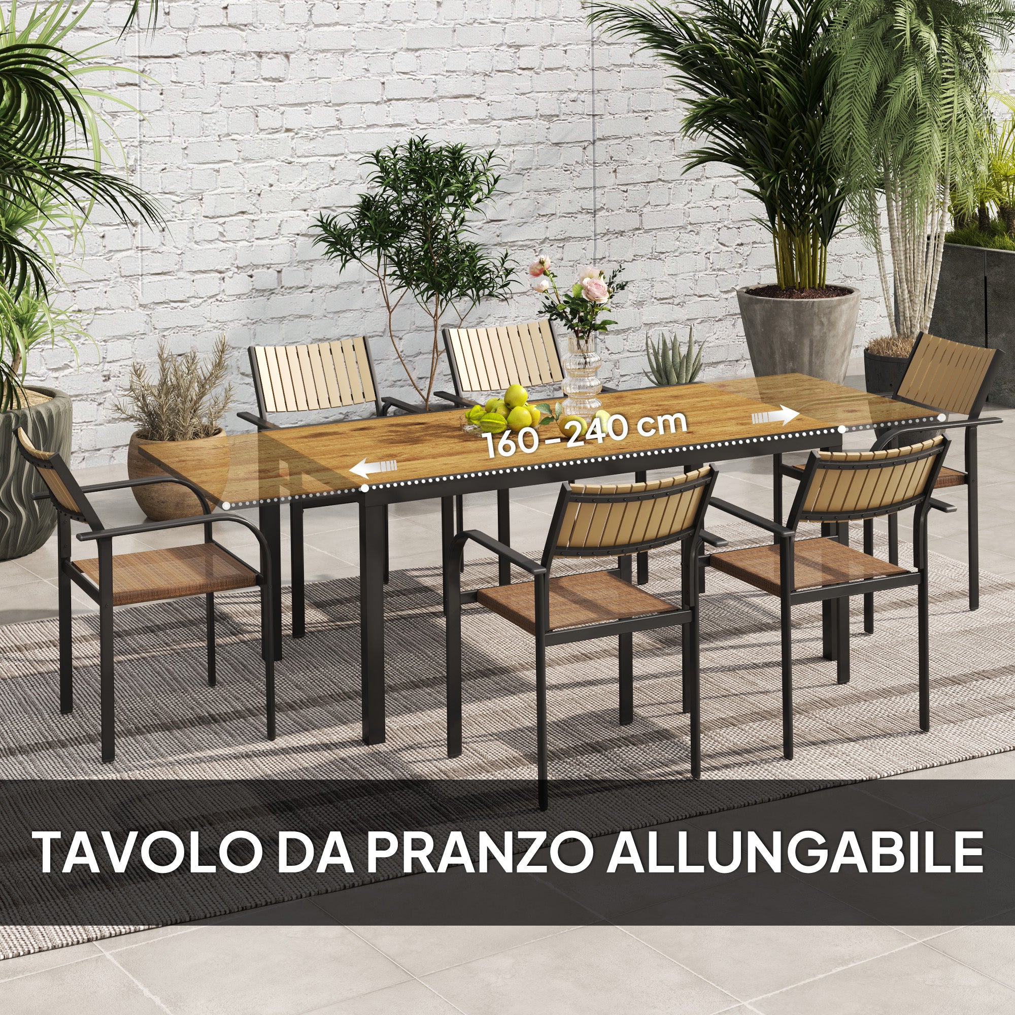 Outsunny Extendable Garden Table Set with 6 Stackable Outdoor Chairs, Steel and Textilene, Brown