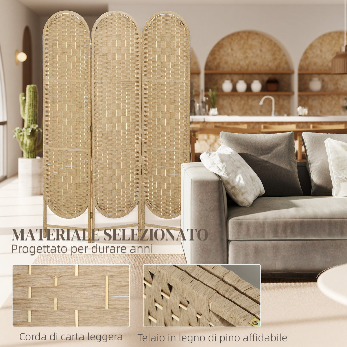 HOMCOM 3-Panel Folding Room Divider, 120x170 cm, Bohemian Style, Made of Paper and Pine Wood, Wood Color