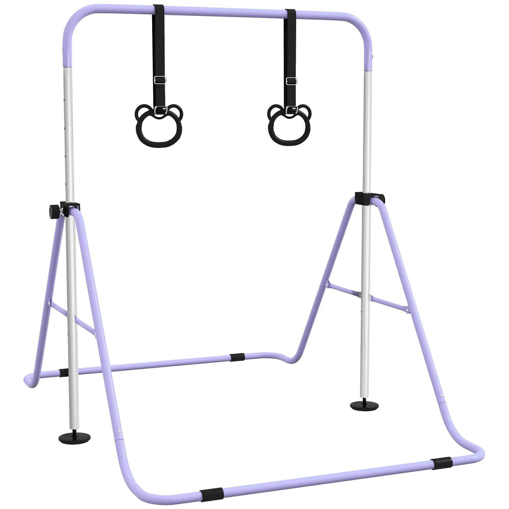HOMCOM Height-Adjustable Gymnastics Bar for Children with 2 Rings, Steel, 148x105x88-128 cm, Purple