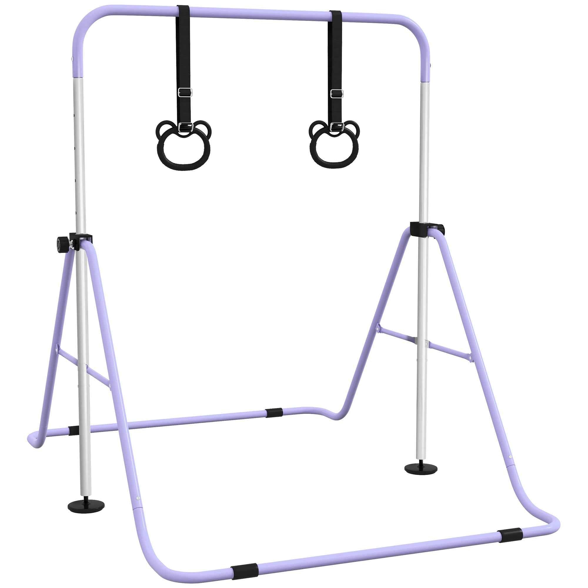 HOMCOM Height-Adjustable Gymnastics Bar for Children with 2 Rings, Steel, 148x105x88-128 cm, Purple