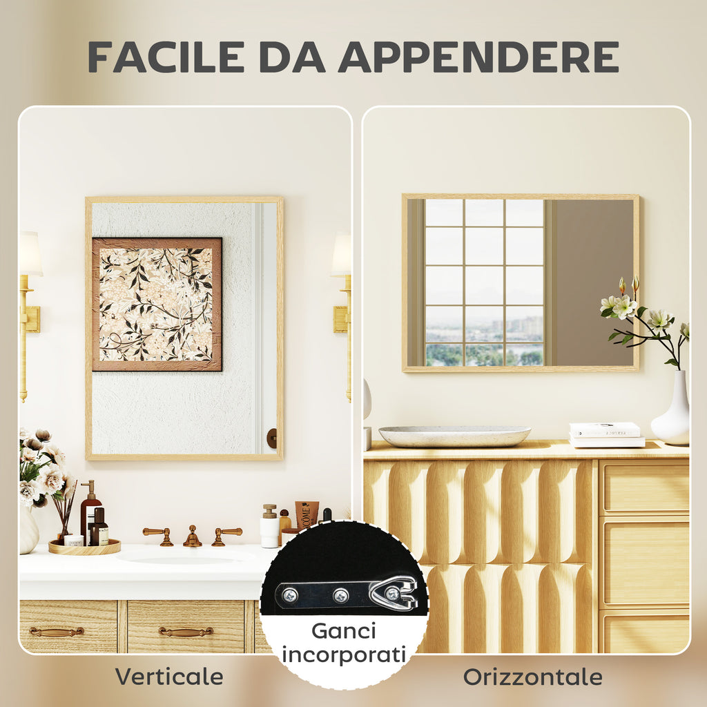 HOMCOM Rectangular Wall Mirror with Hooks, Glass and MDF, 60x80 cm, Wood Color