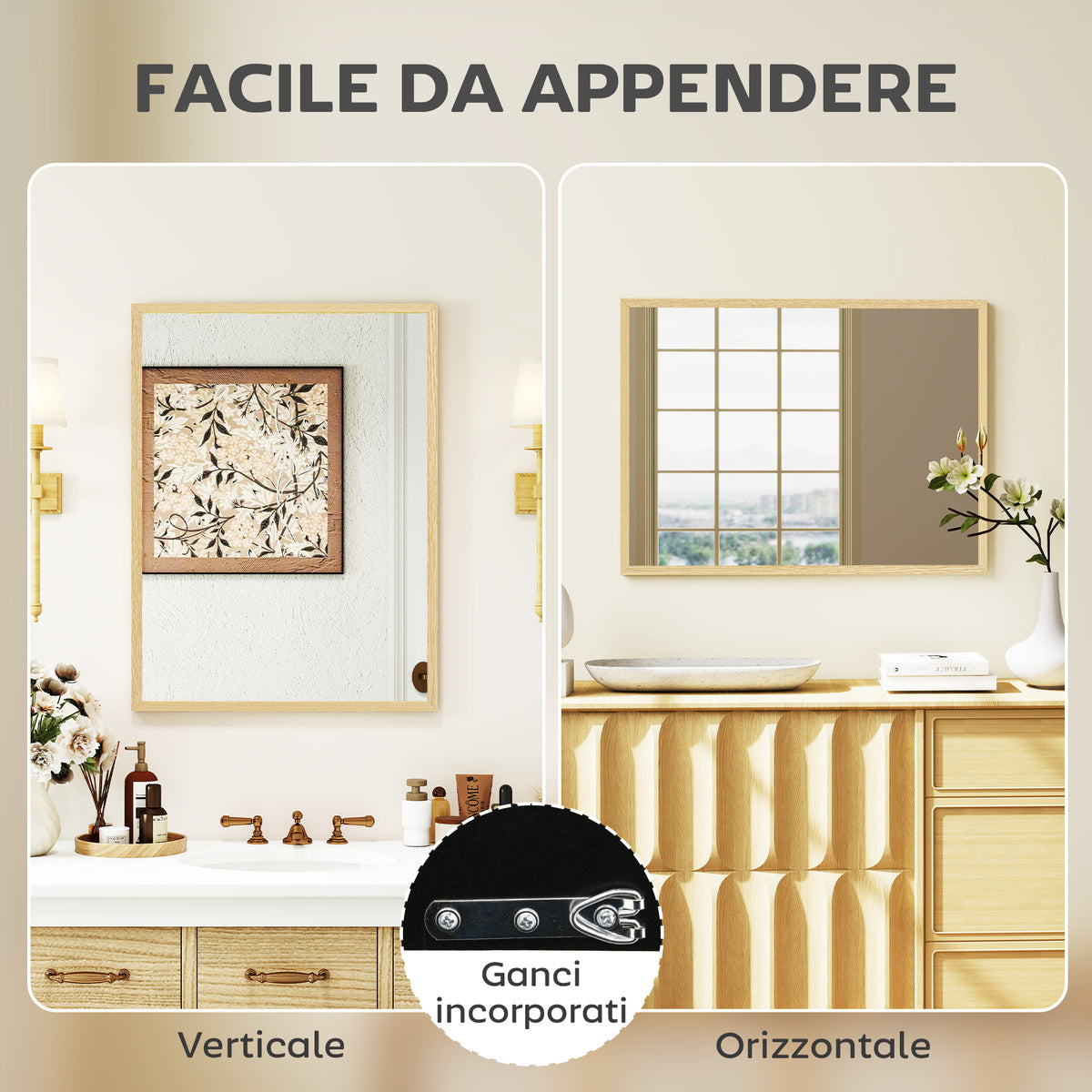 HOMCOM Rectangular Wall Mirror with Hooks, Glass and MDF, 60x80 cm, Wood Color