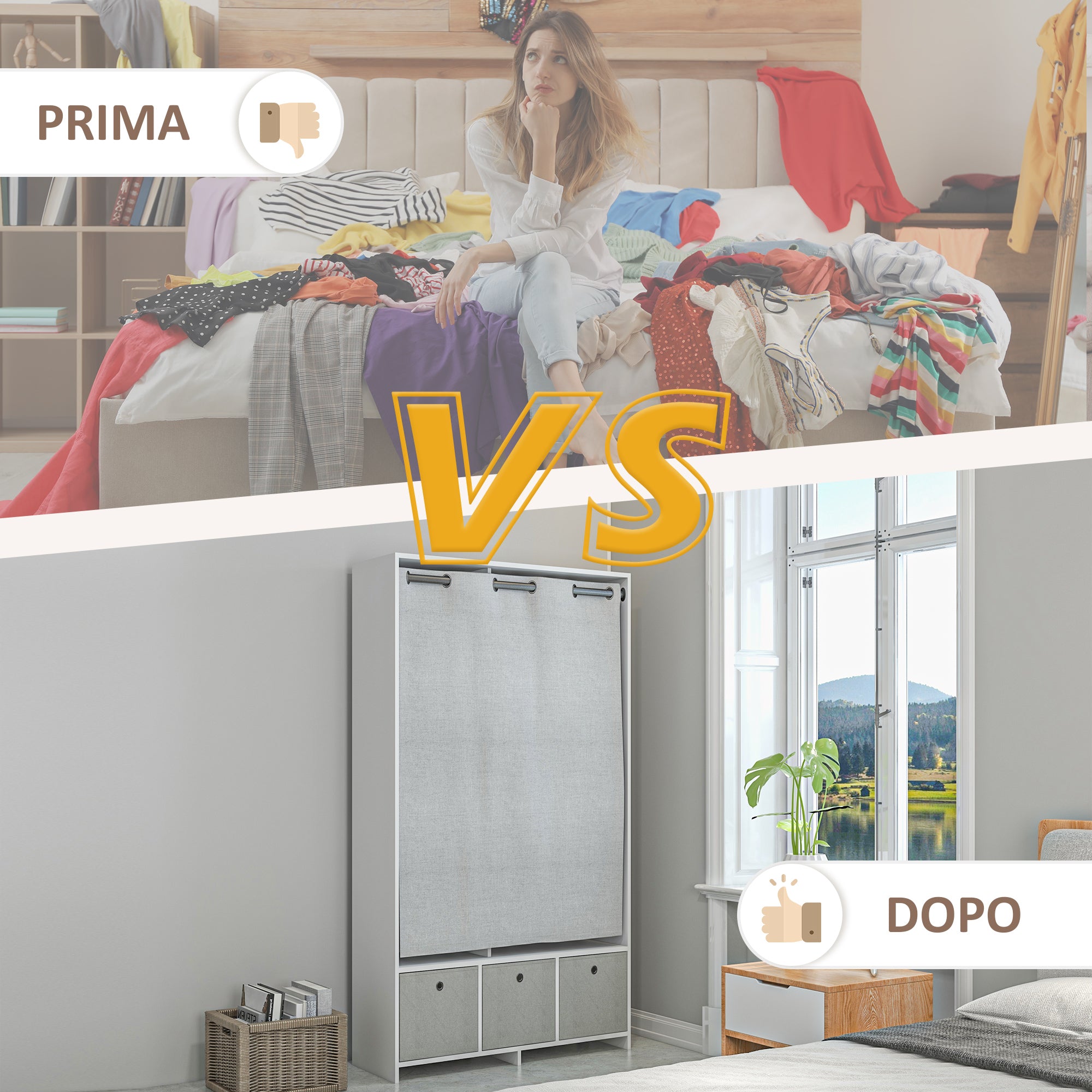 Wardrobe with Hanging Rail, 3 Fabric Drawers and 3 Shelves, 105x48x160 cm, White and Grey