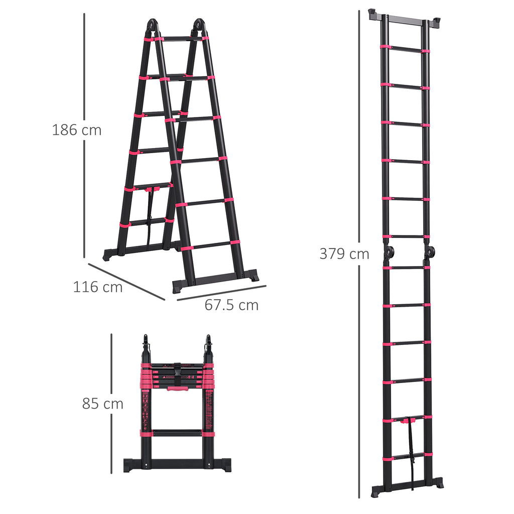 12-Step Folding Telescopic Ladder, Aluminum and Nylon, 379 x 67.5 x 11 cm, Black and Red