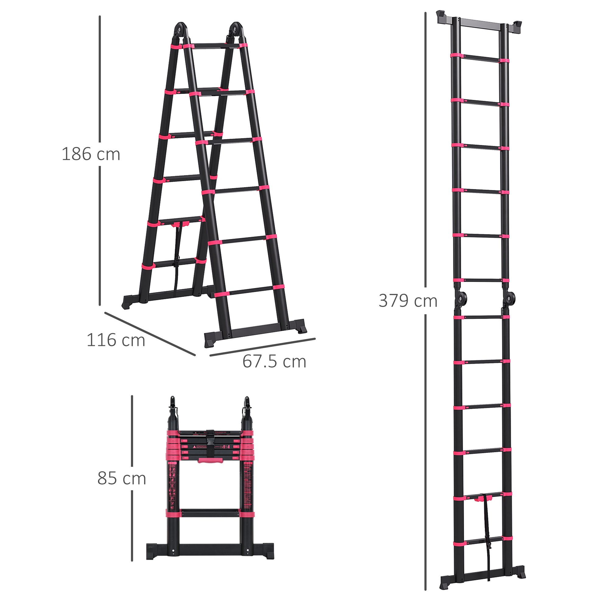 12-Step Folding Telescopic Ladder, Aluminum and Nylon, 379 x 67.5 x 11 cm, Black and Red