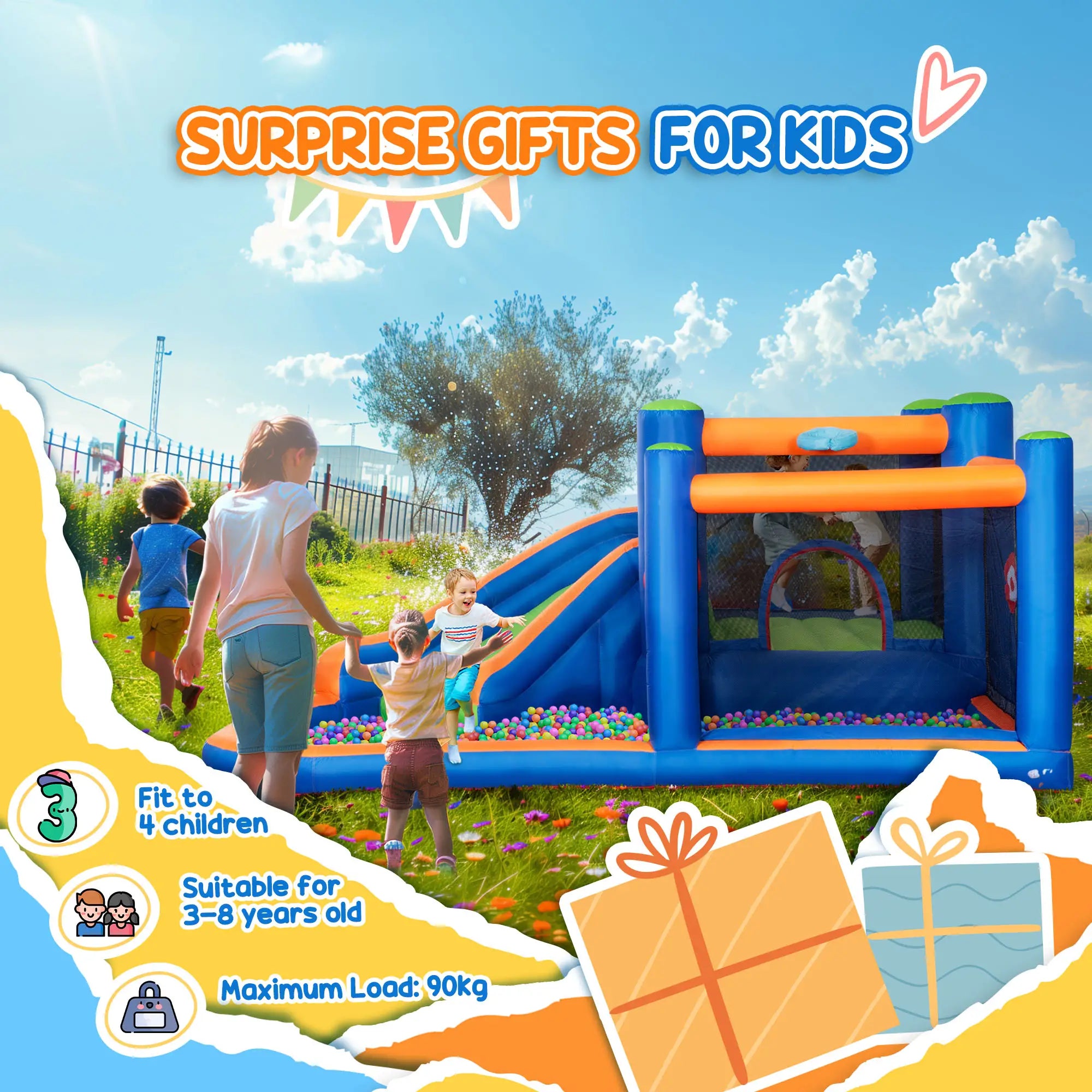 Inflatable Castle for Children 3-8 Years with Slide, Trampoline and Pool, 380x340x170cm - Borge' Group Limited