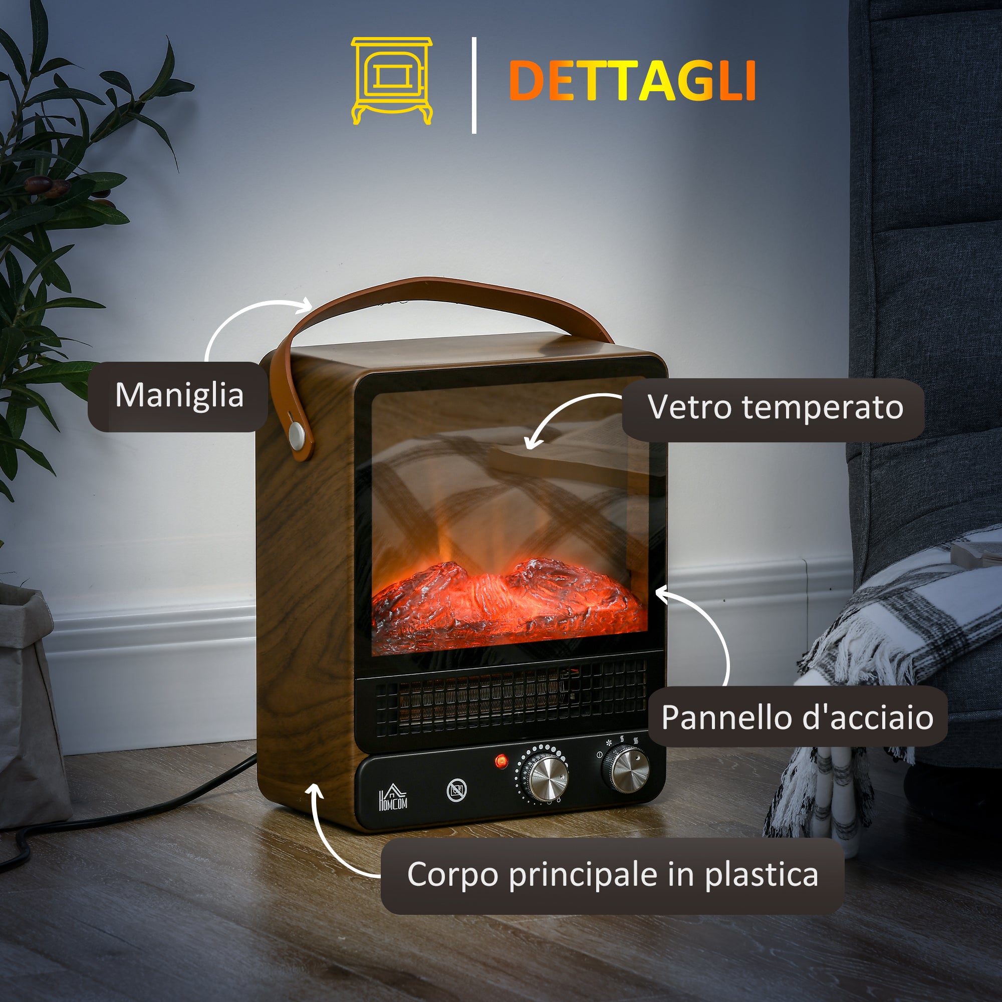 Electric Fireplace with LED Flame, 3 Heating Modes and Safety Switch, 30.3x17.5x37.4 cm