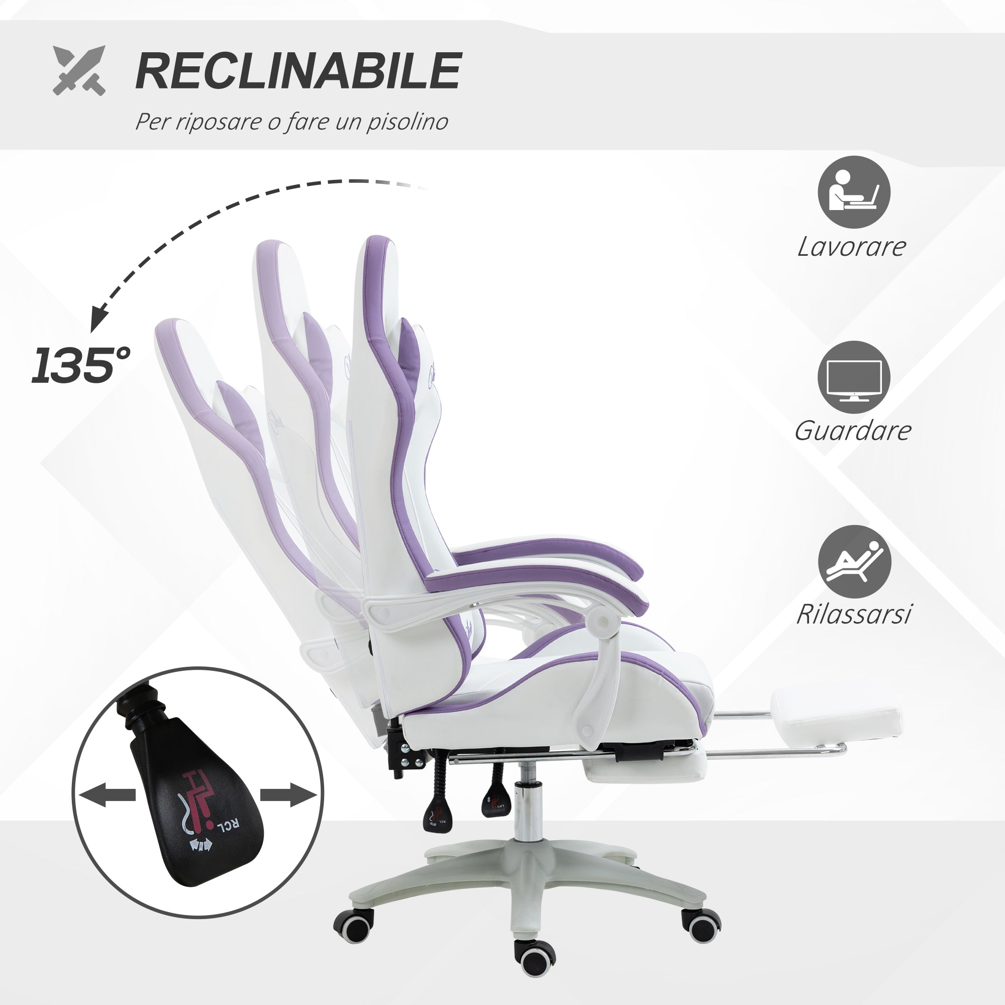 Gaming Chair with Adjustable Height and Reclining Backrest, 65x65x121-129 cm, White and Purple