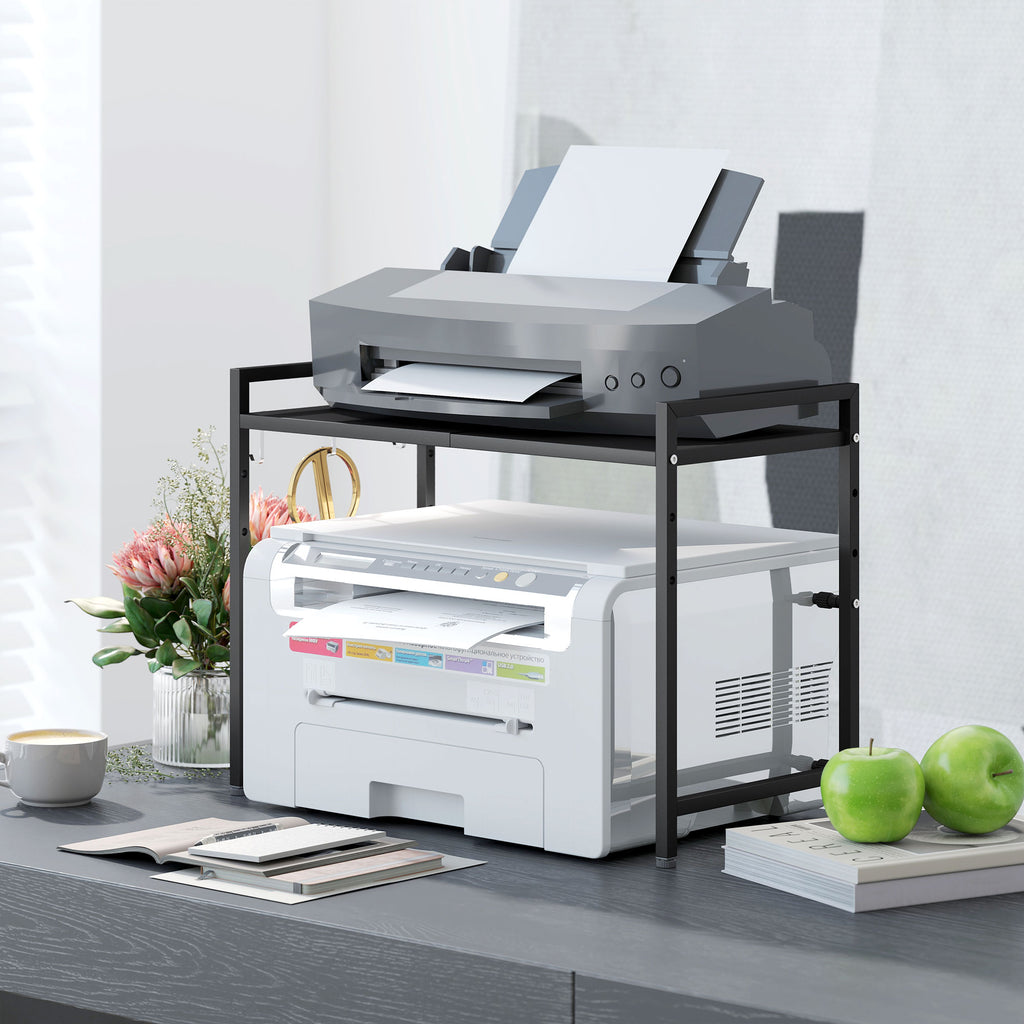 2-Tier Expandable Microwave Stand with 3 Hooks, Metal, 39.5-64x32x47.5 cm, Black