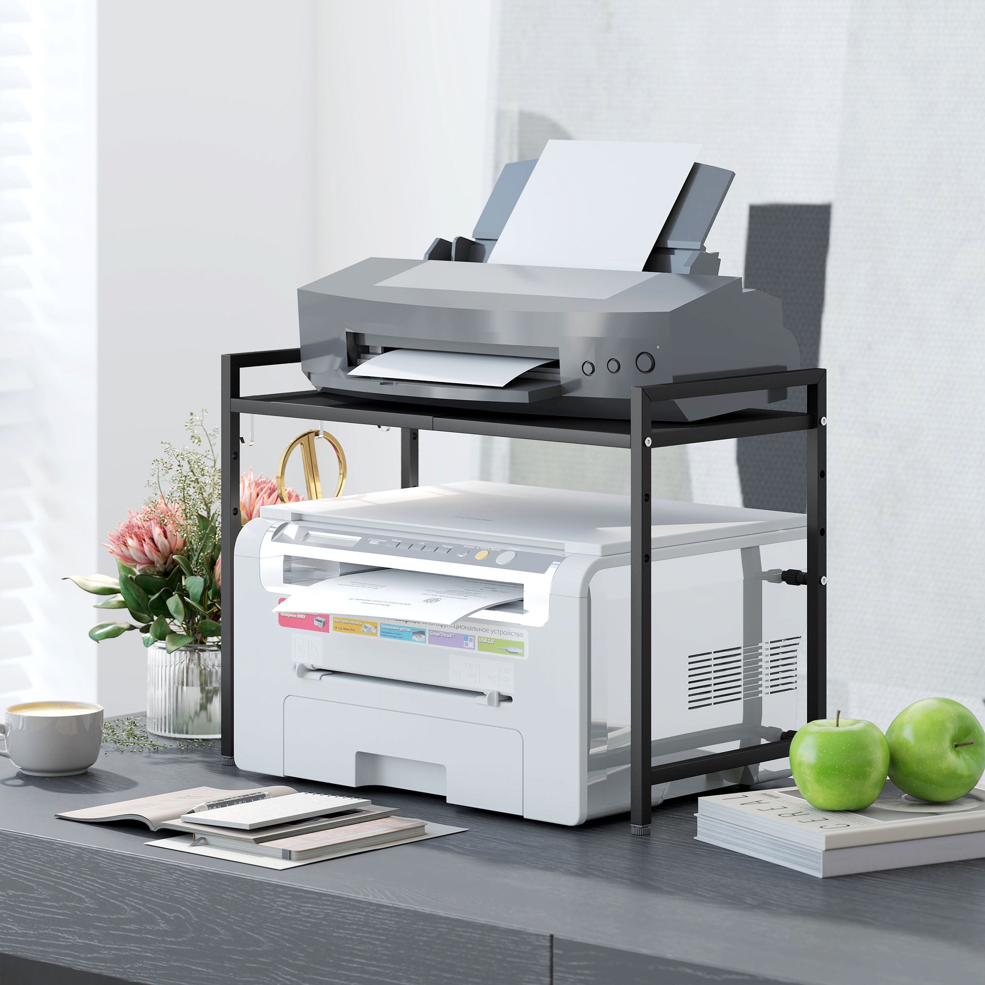 2-Tier Expandable Microwave Stand with 3 Hooks, Metal, 39.5-64x32x47.5 cm, Black