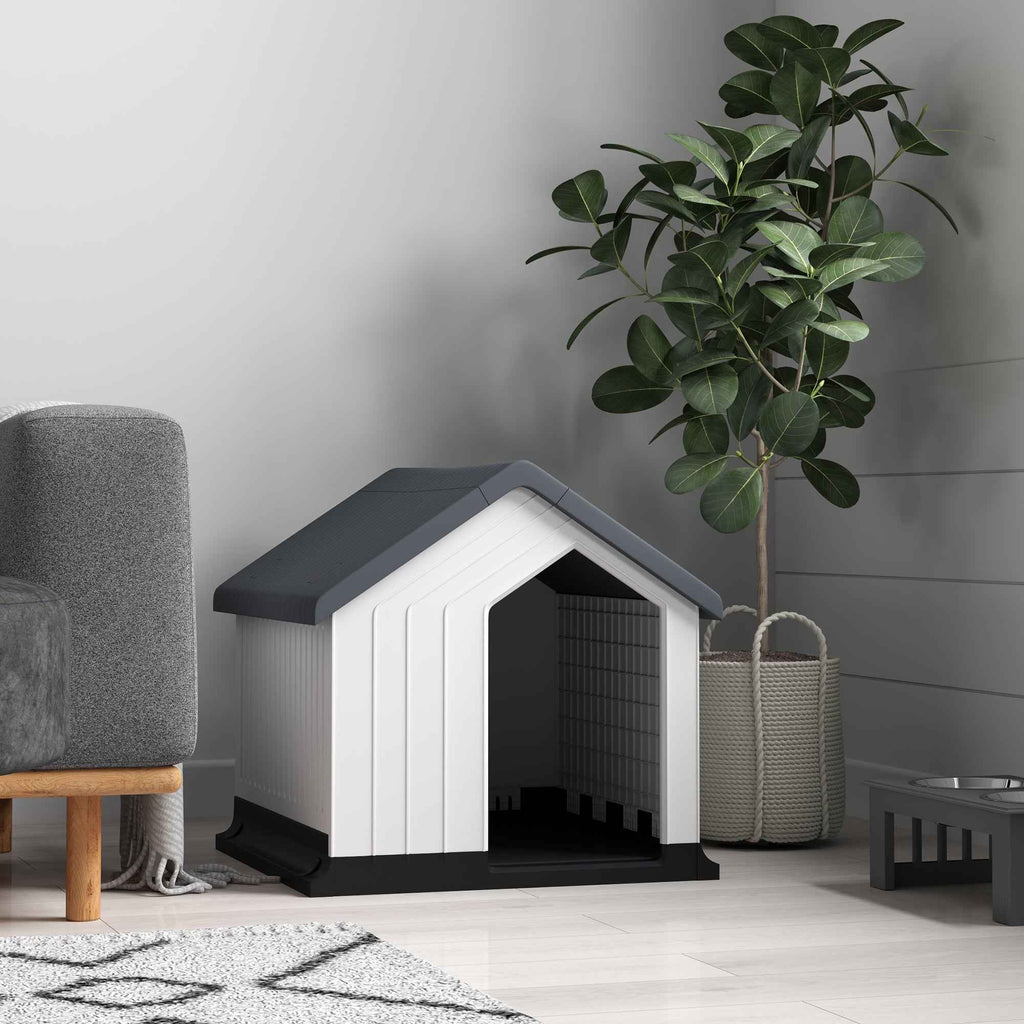 PawHut Waterproof Outdoor Plastic Dog House for Small and Mini Dogs with Window, 62x61x60 cm, Grey