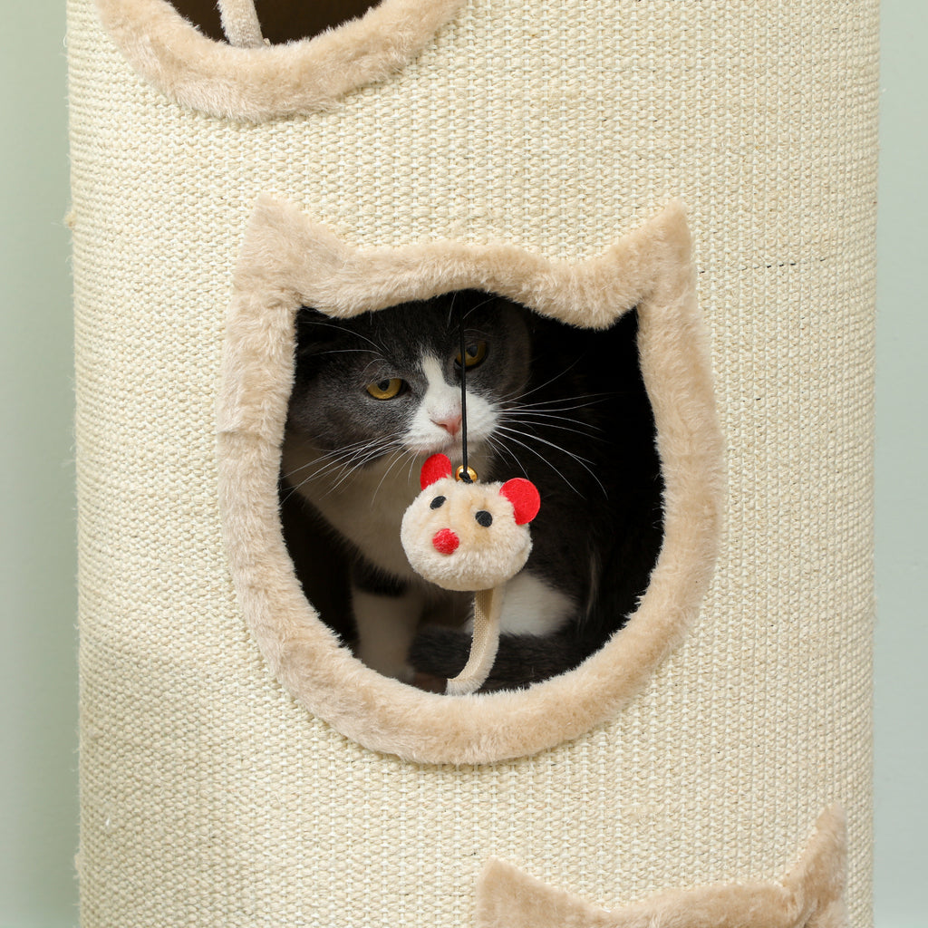 Cat Scratching Tower, 96 cm High, with 3 Cat Houses and a Removable and Washable Upper Bed, Cream