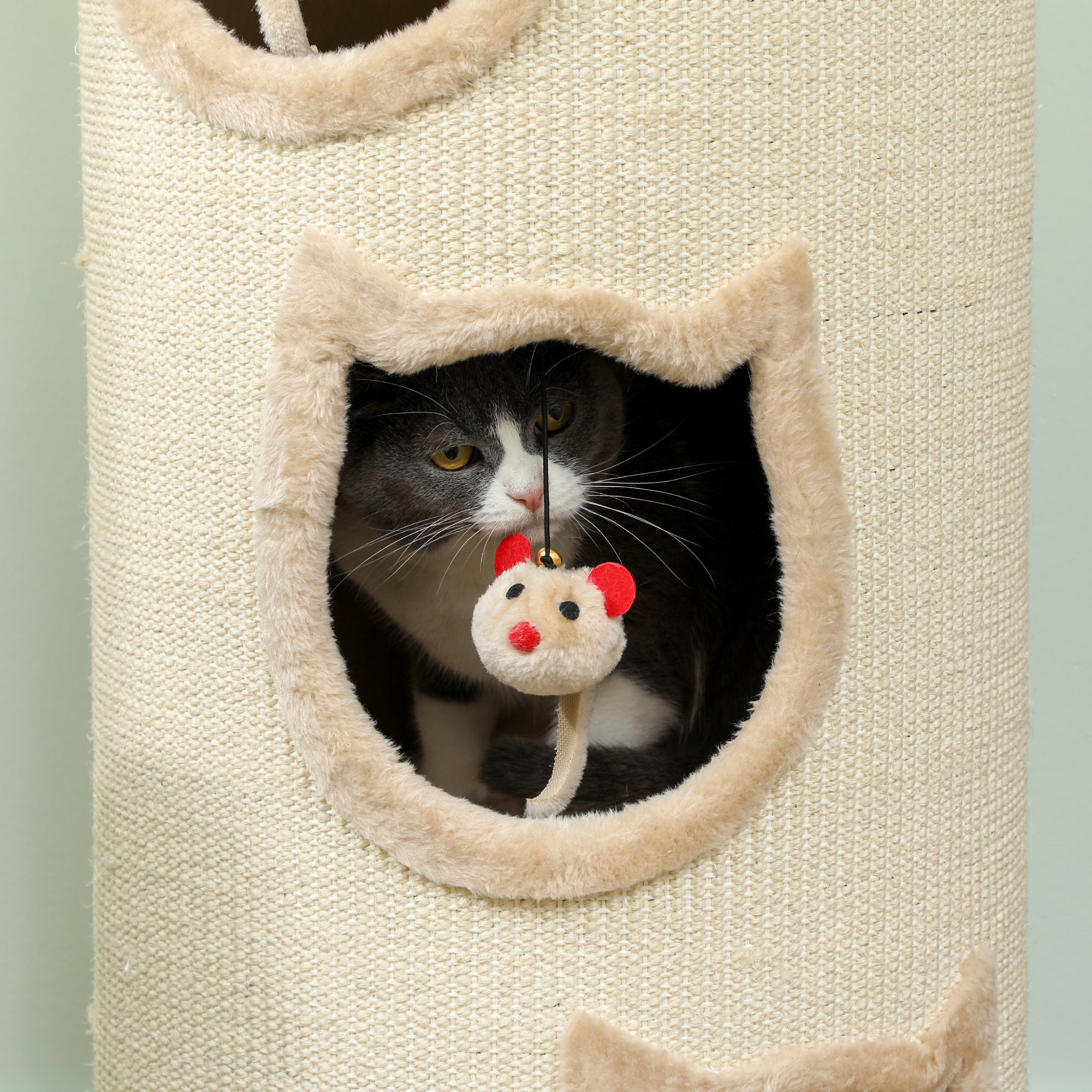 Cat Scratching Tower, 96 cm High, with 3 Cat Houses and a Removable and Washable Upper Bed, Cream