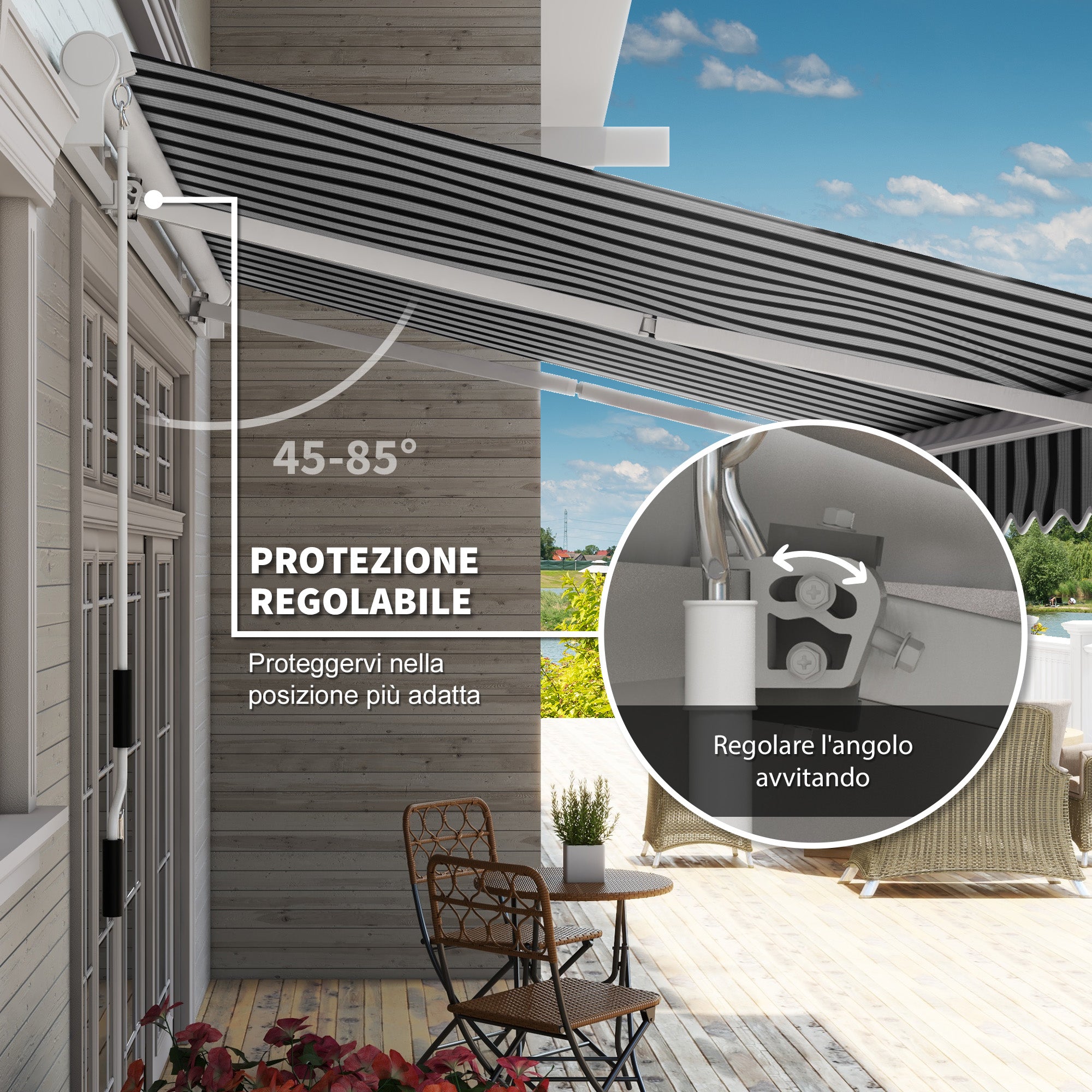 Extendable Outdoor Sun Shade Awning in Aluminum and Polyester with Crank, 395x245 cm, Blue and White