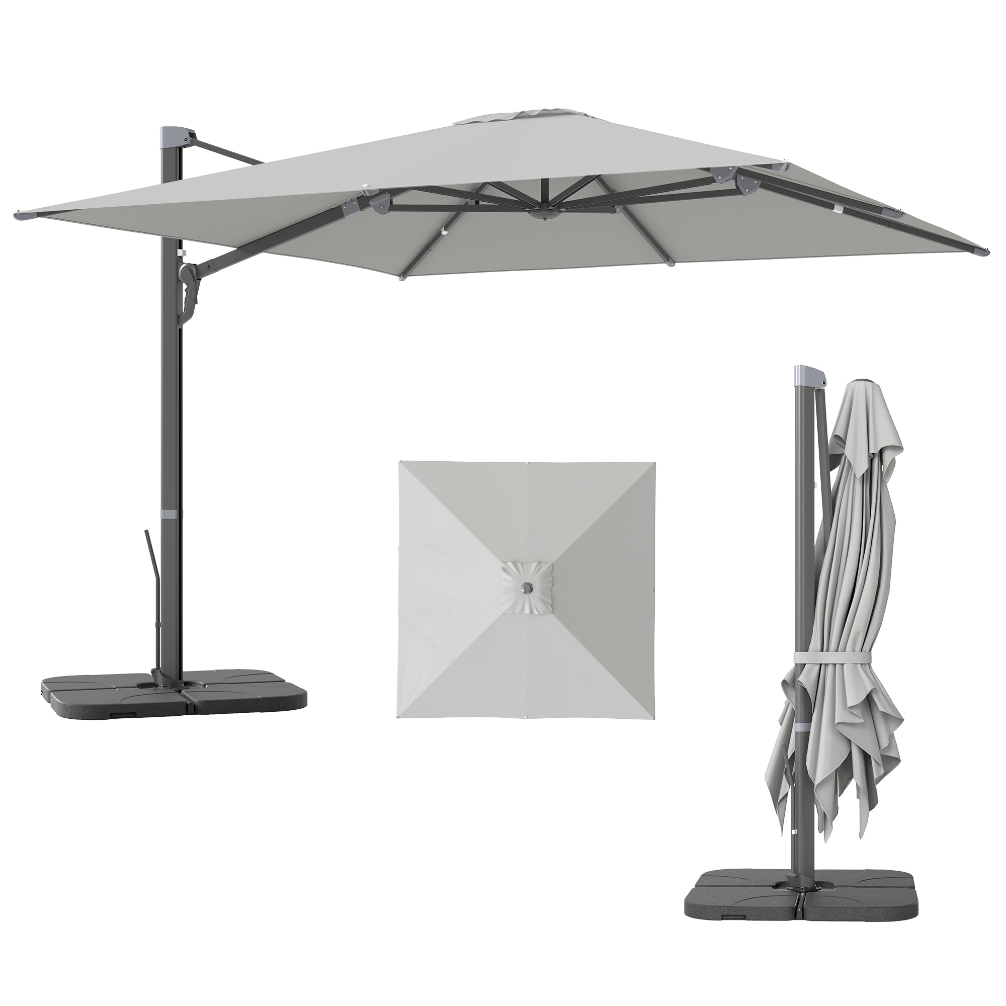 Cantilever Umbrella with Crank and Cross Base, in Polyester, Aluminum and Metal, 365x297x256 cm, Light Gray