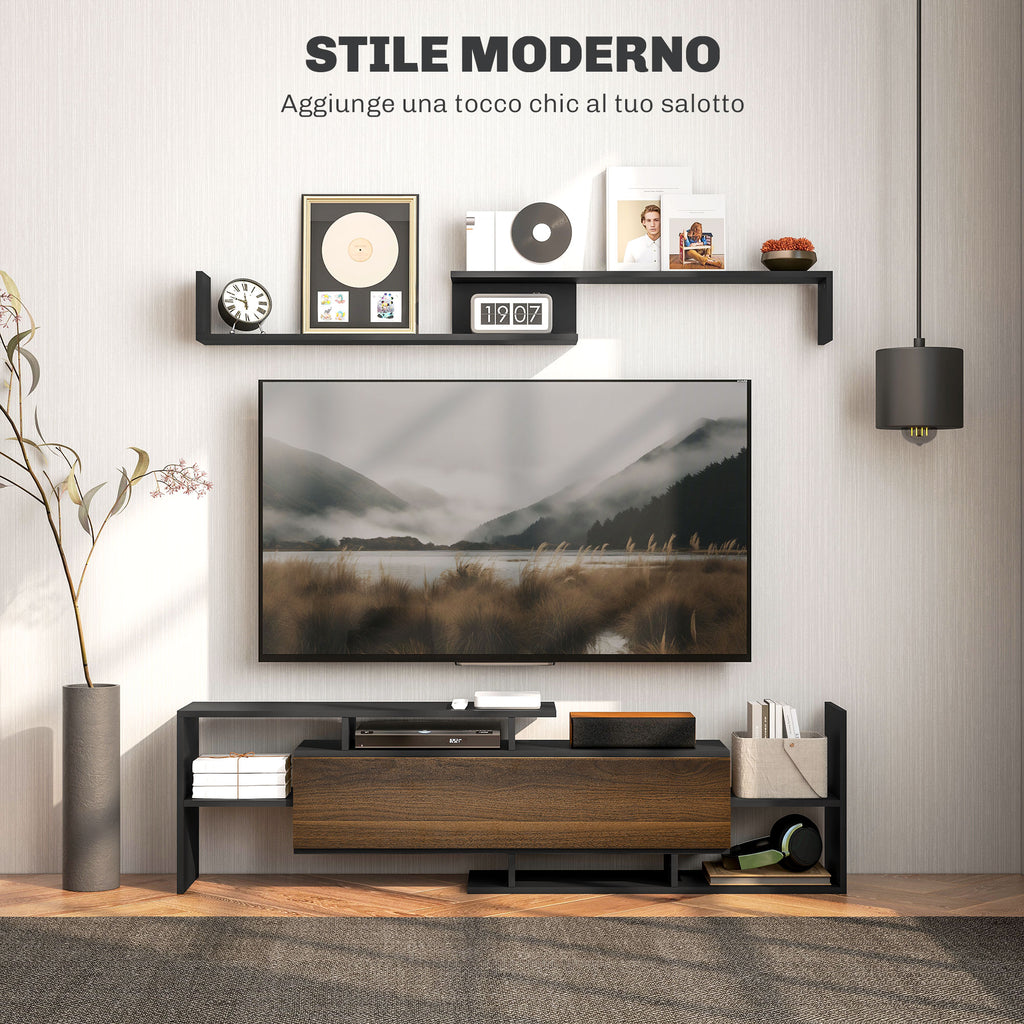 TV Cabinet with Wall Shelf, Open Shelves and Wooden Cabinet, Black and Brown