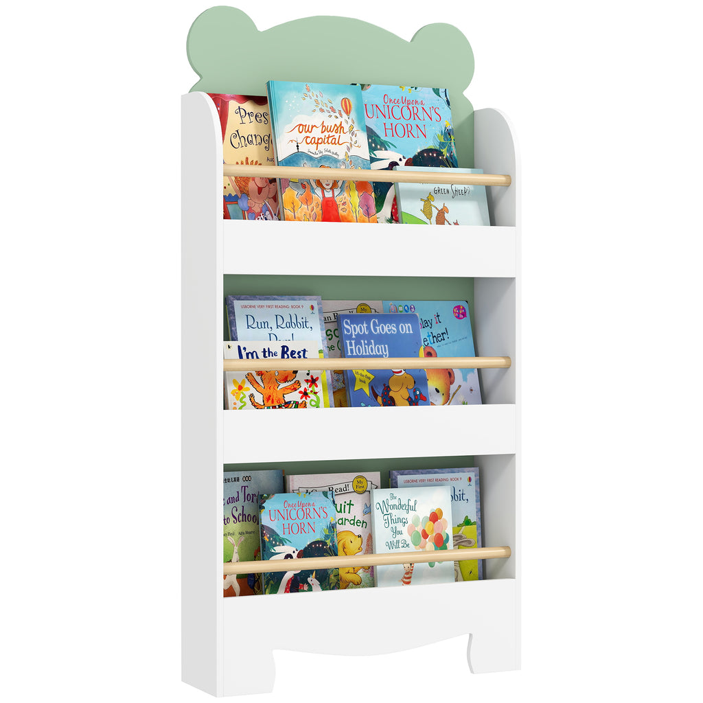 Children's Bookcase with 3 Shelves in the Shape of a Bear with Front Barriers, 55x15x110 cm, Green