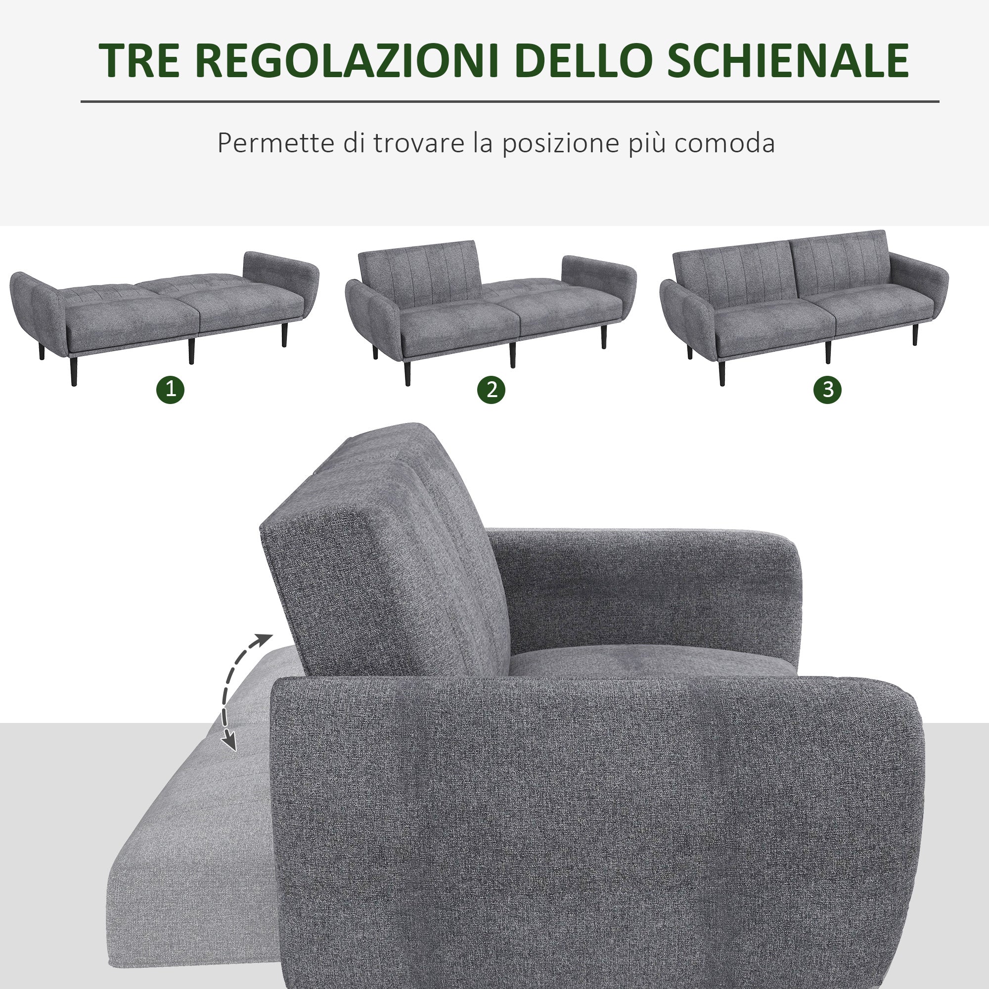 Homcom Sofa bed 3 seats with reclining backrest at 3 levels in fabric, 208x84x82cm, gray - Borgè